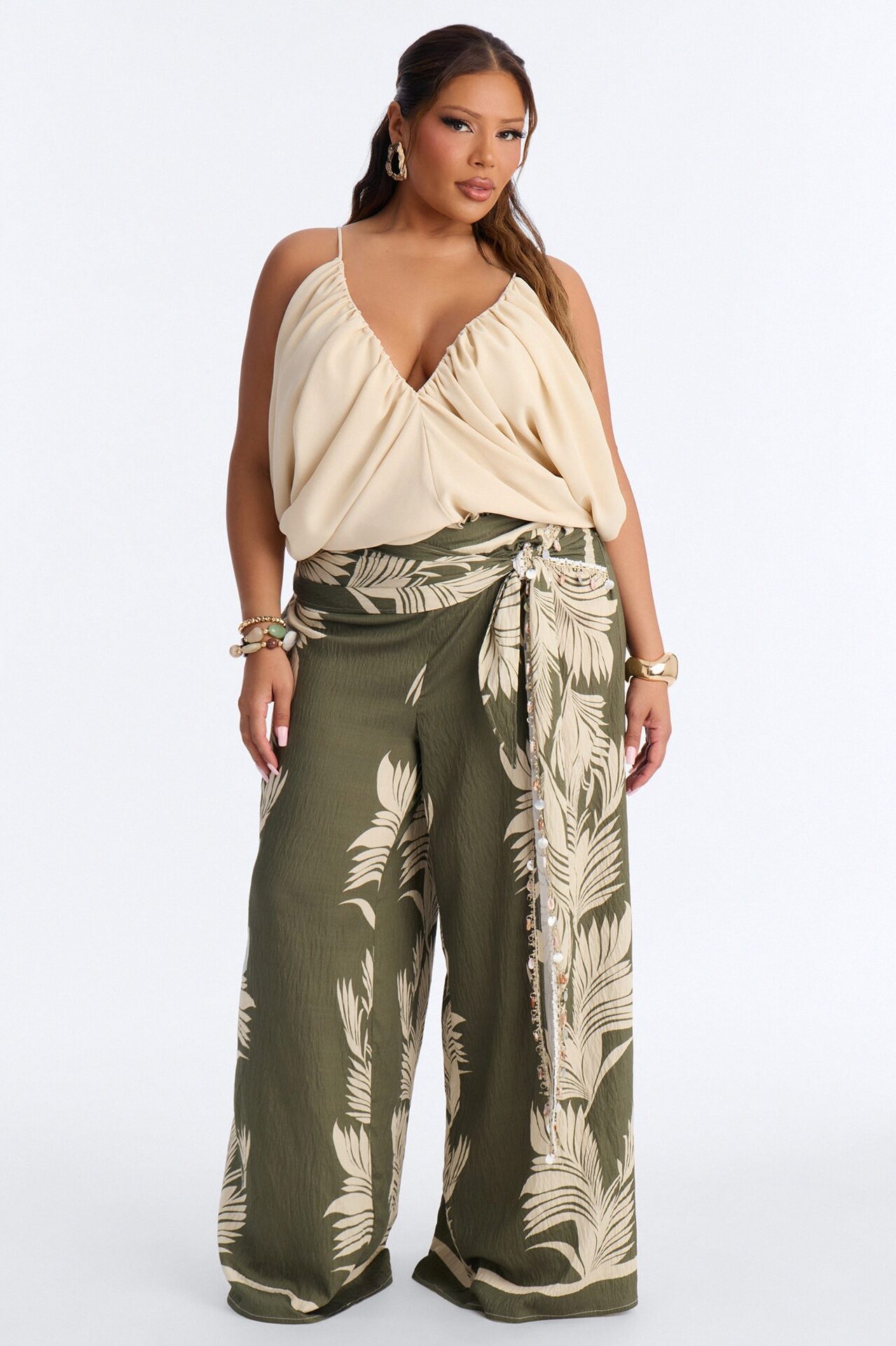 On Boho Mode Embellished Scarf Wrap Low Rise Pant - Green/combo