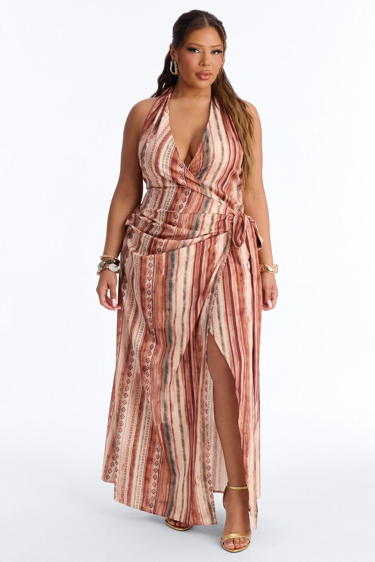 Laureen Wrap Halter Dress - Brown/combo