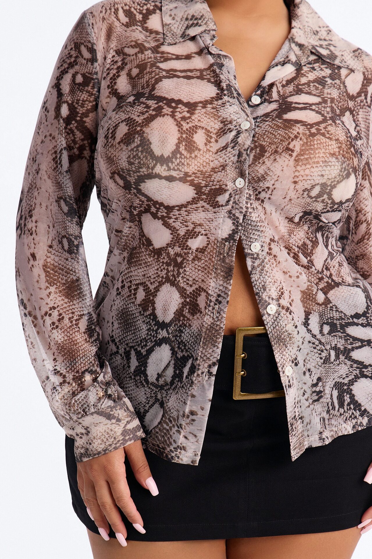 Veronica Sheer Snake Mesh Long Sleeve Shirt - Brown/combo