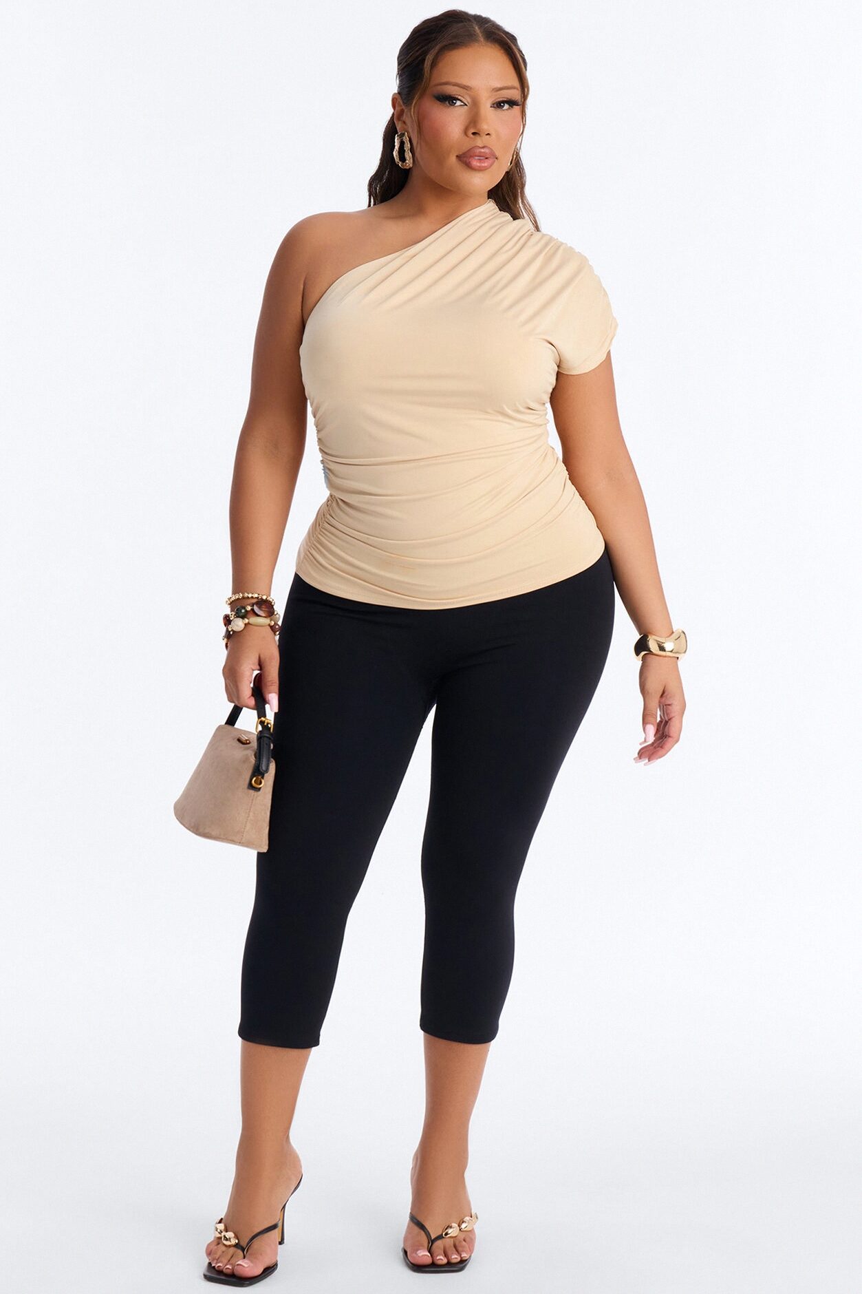 Arabella Off Shoulder Ruched Short Sleeve Top - Sand