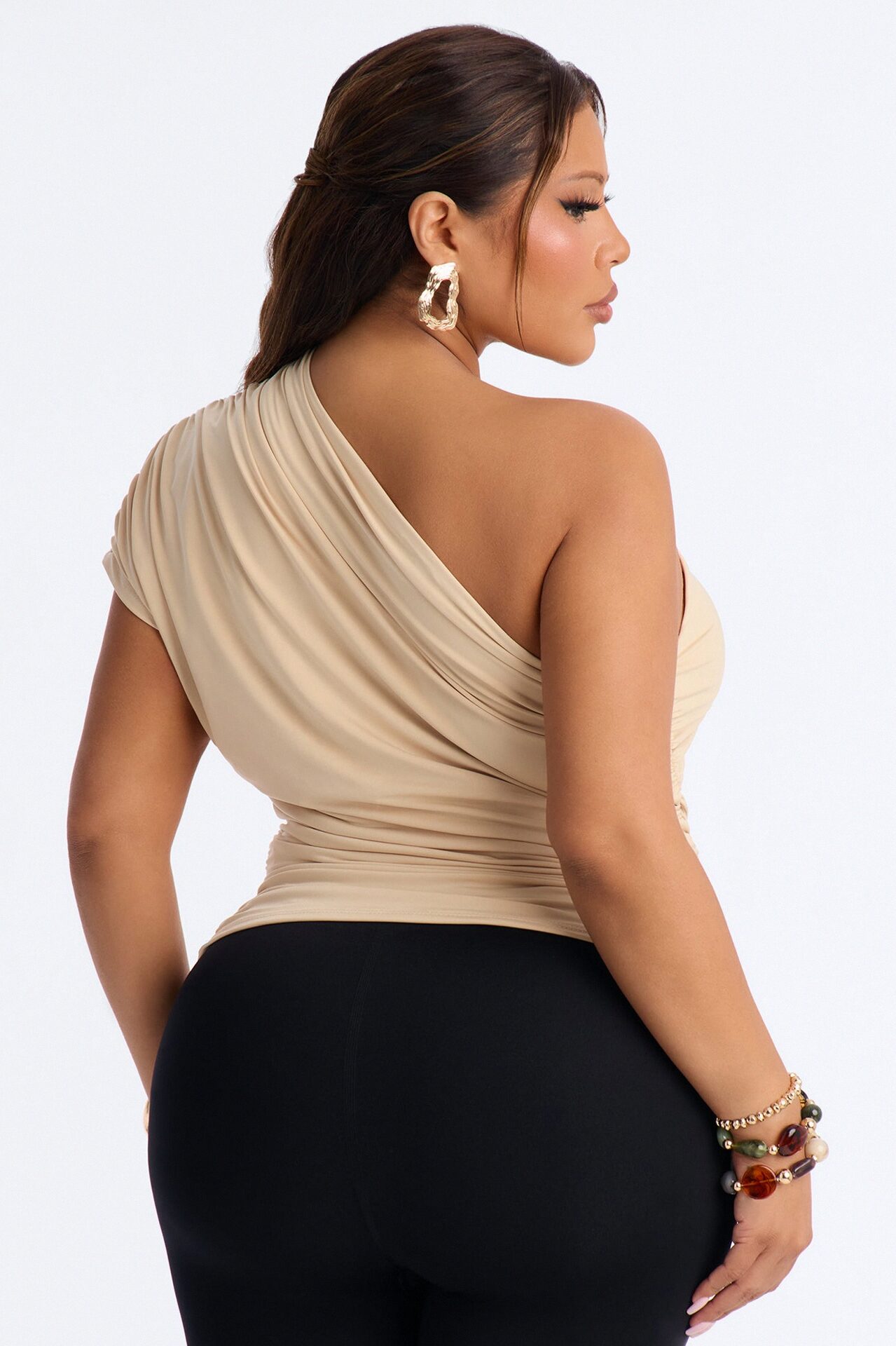 Arabella Off Shoulder Ruched Short Sleeve Top - Sand
