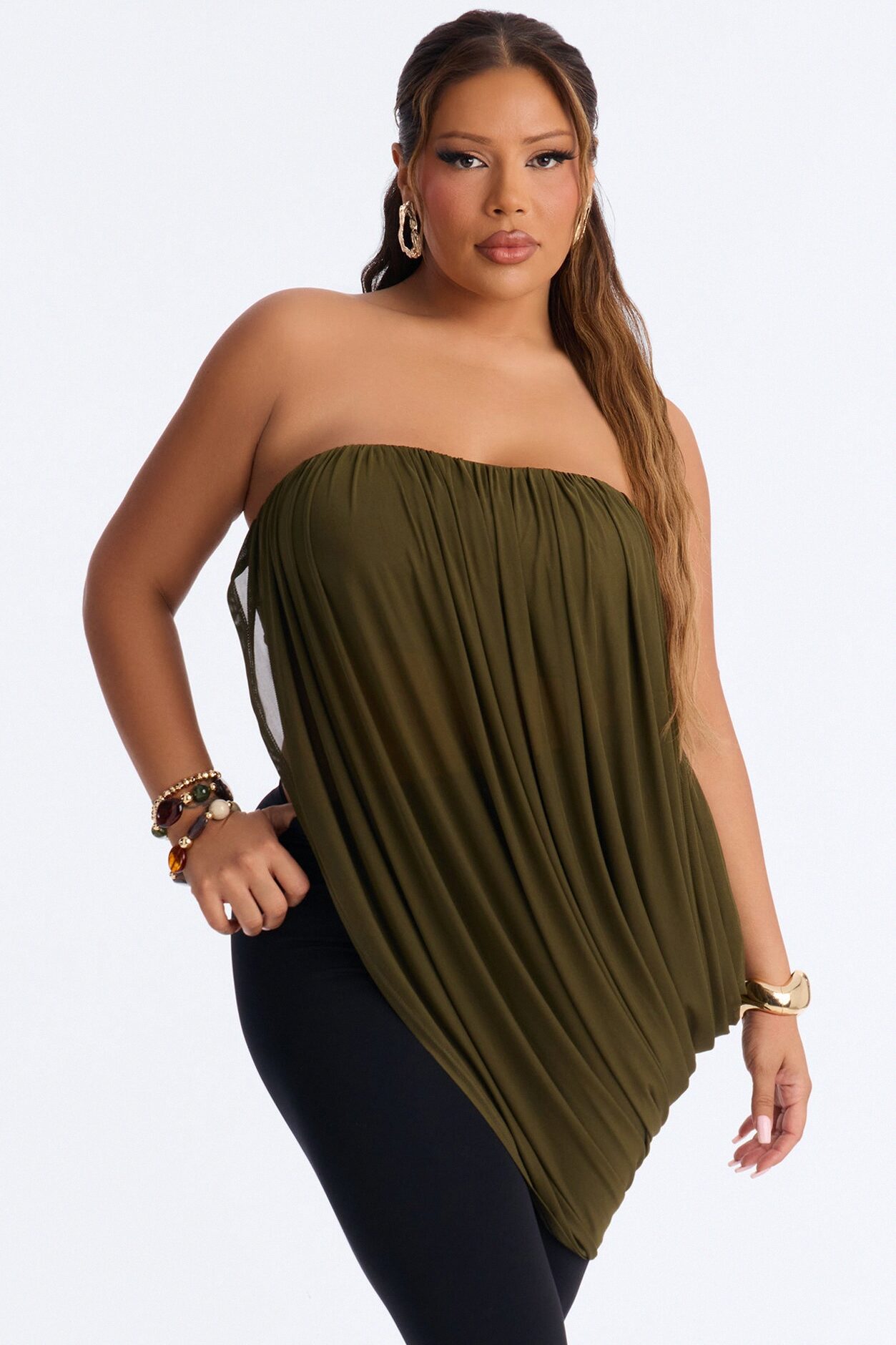 Bora Bora Nights Ruched Asymmetrical Mesh Top - Olive