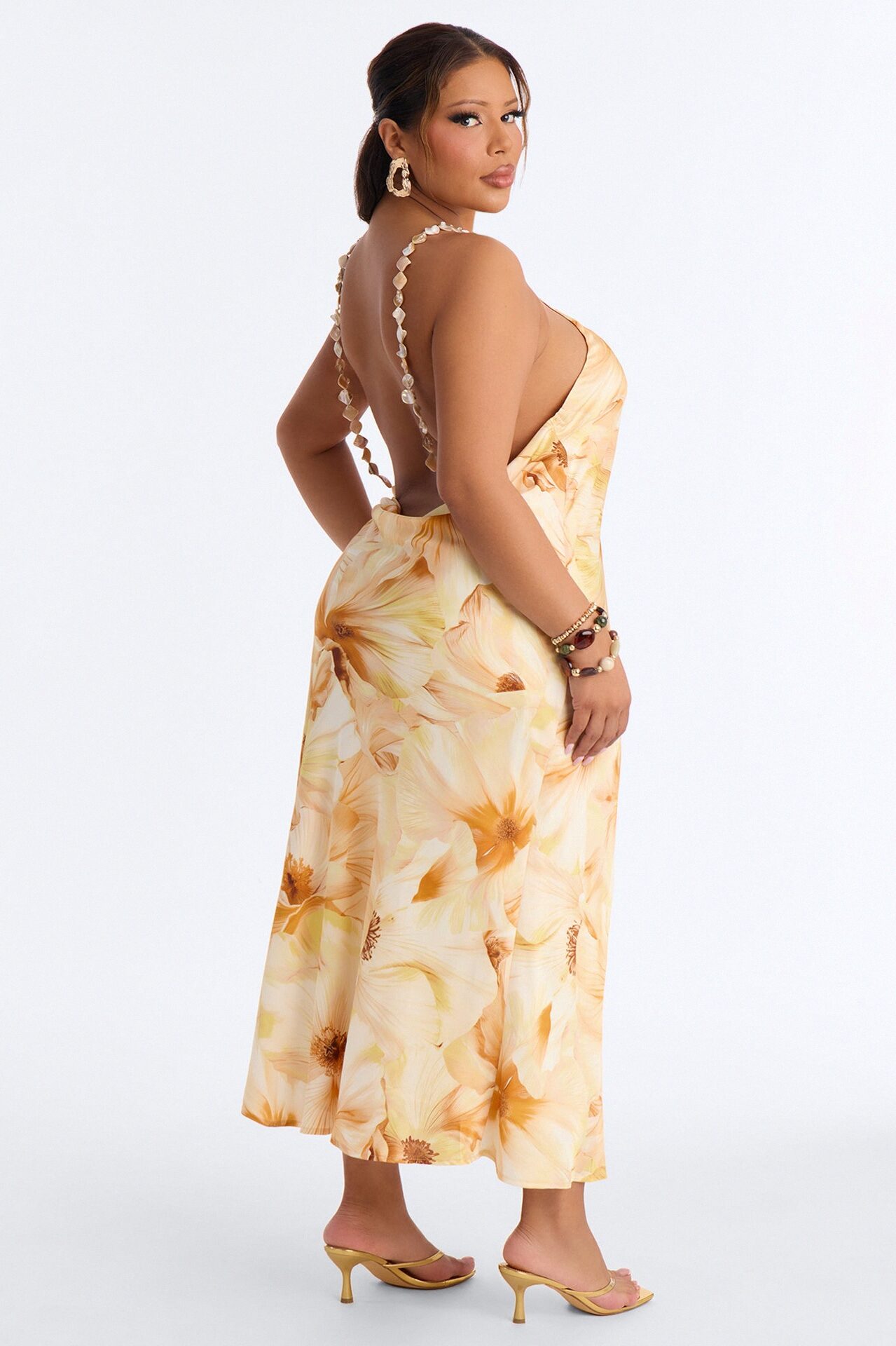 Chiara Floral Satin Midi Dress - Yellow