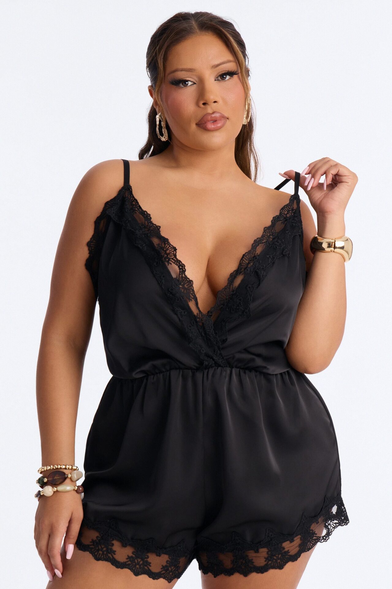 Rina Satin Lace Trim Micro Romper - Black