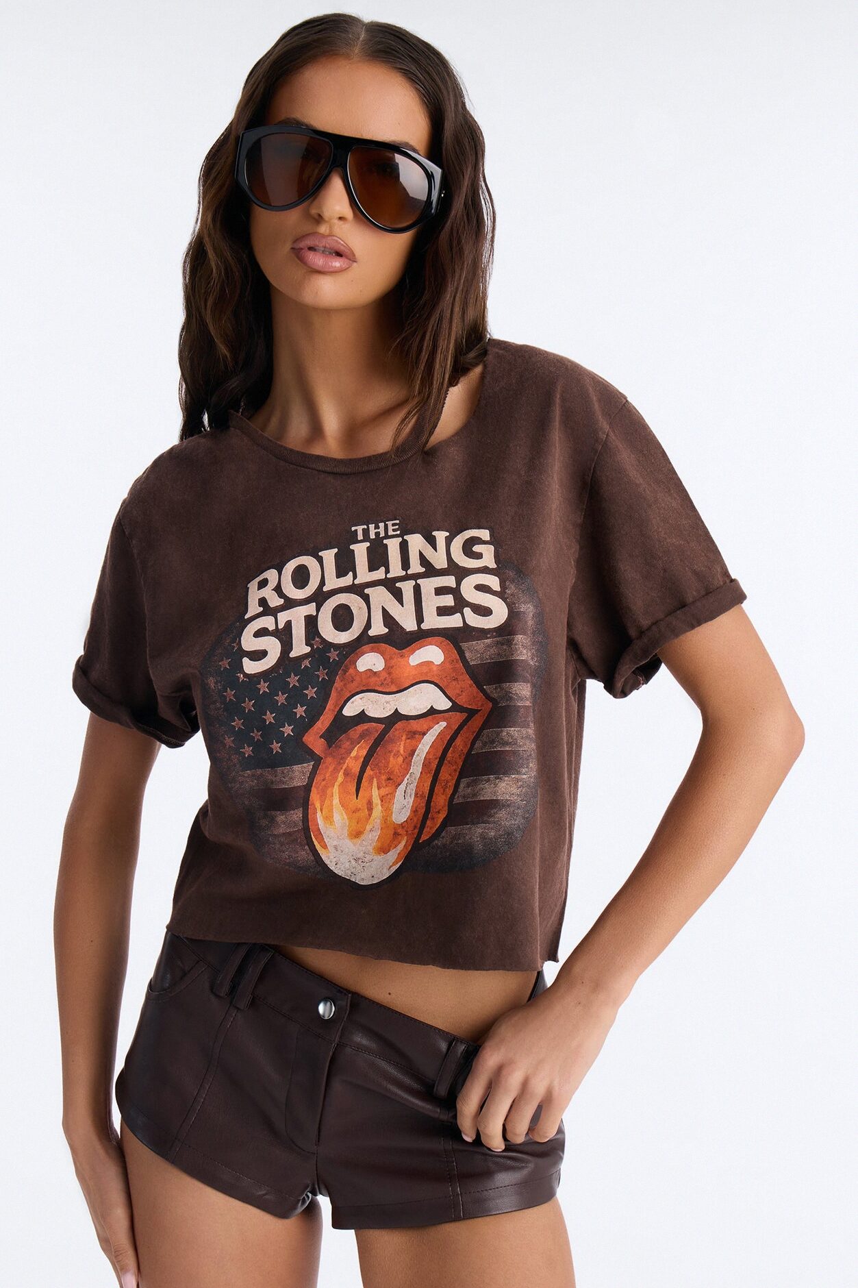 The Rolling Stones Americana Cut Out Crop Tee - Dark Brown