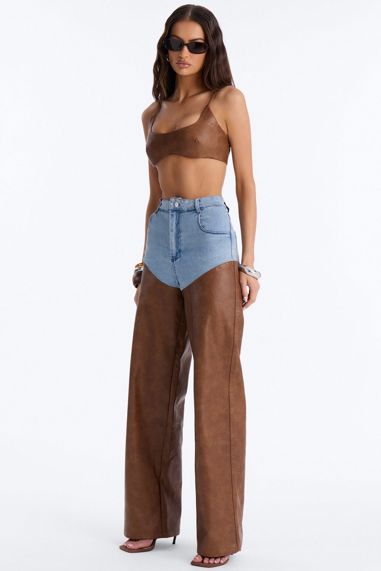 Avery Denim Contrast Faux Leather Pant Set - Brown