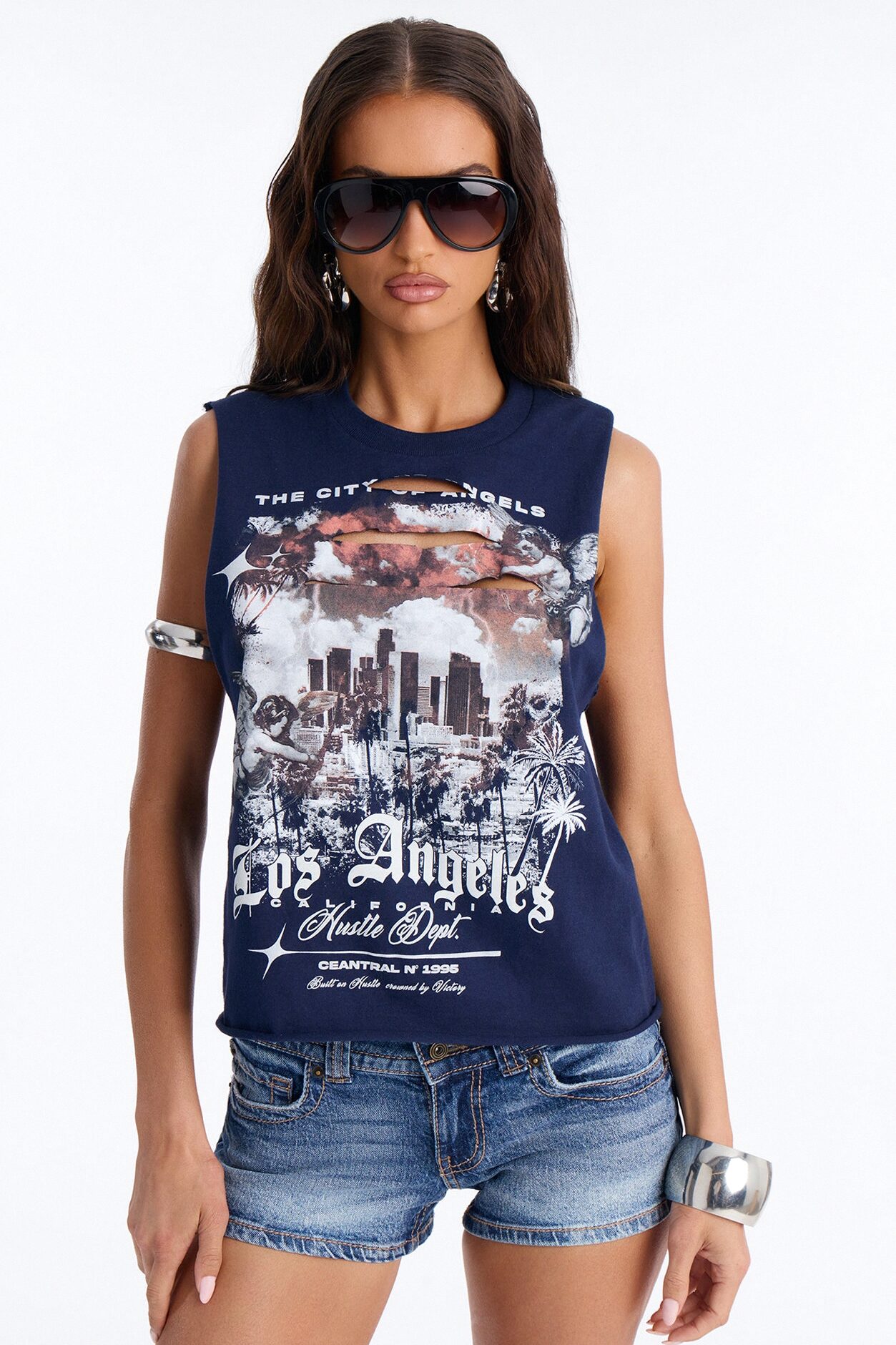 Los Angeles Slash Crop Muscle Tee - Navy