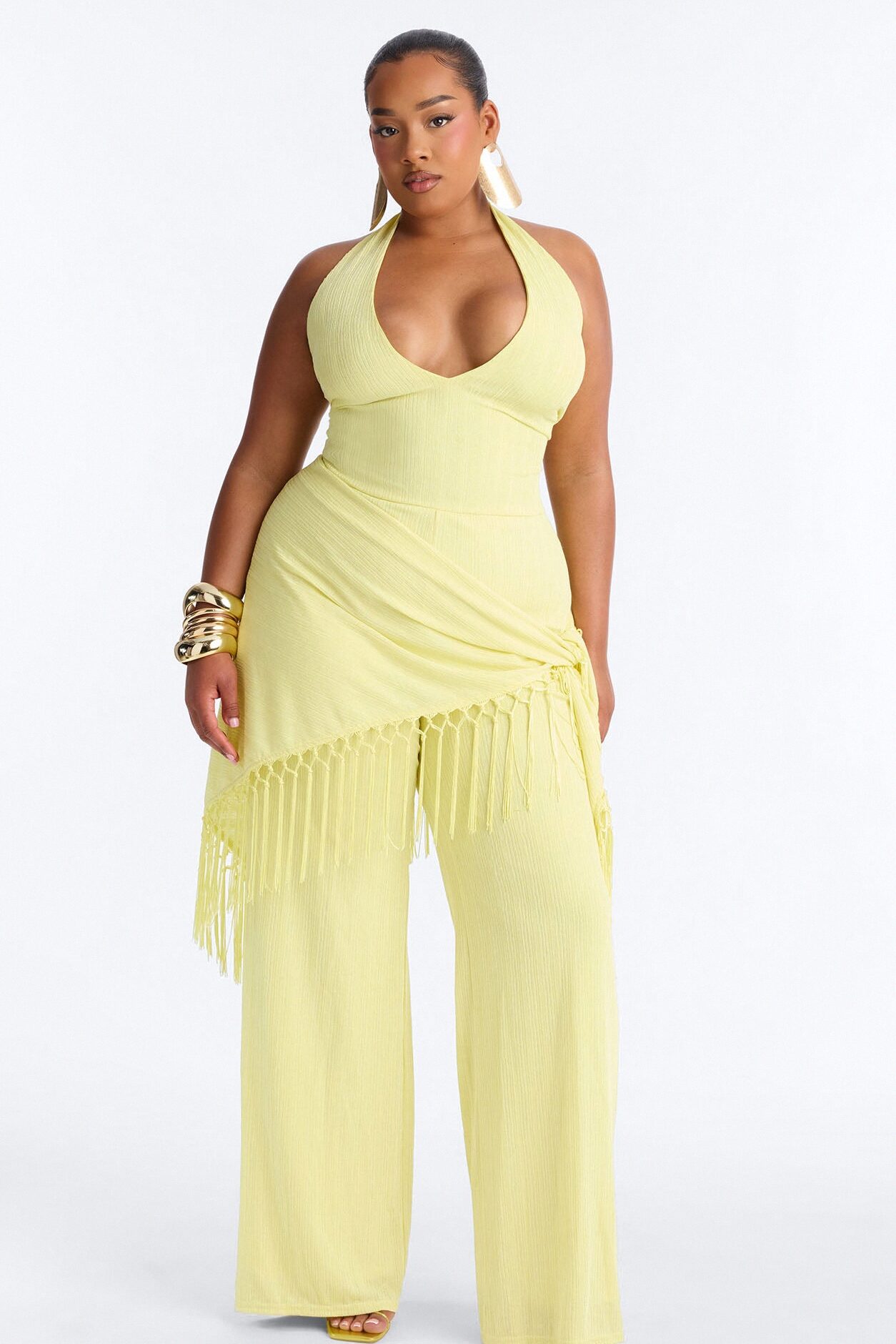 Too Chic Jumpsuit And Waist Scarf Set - Yellow