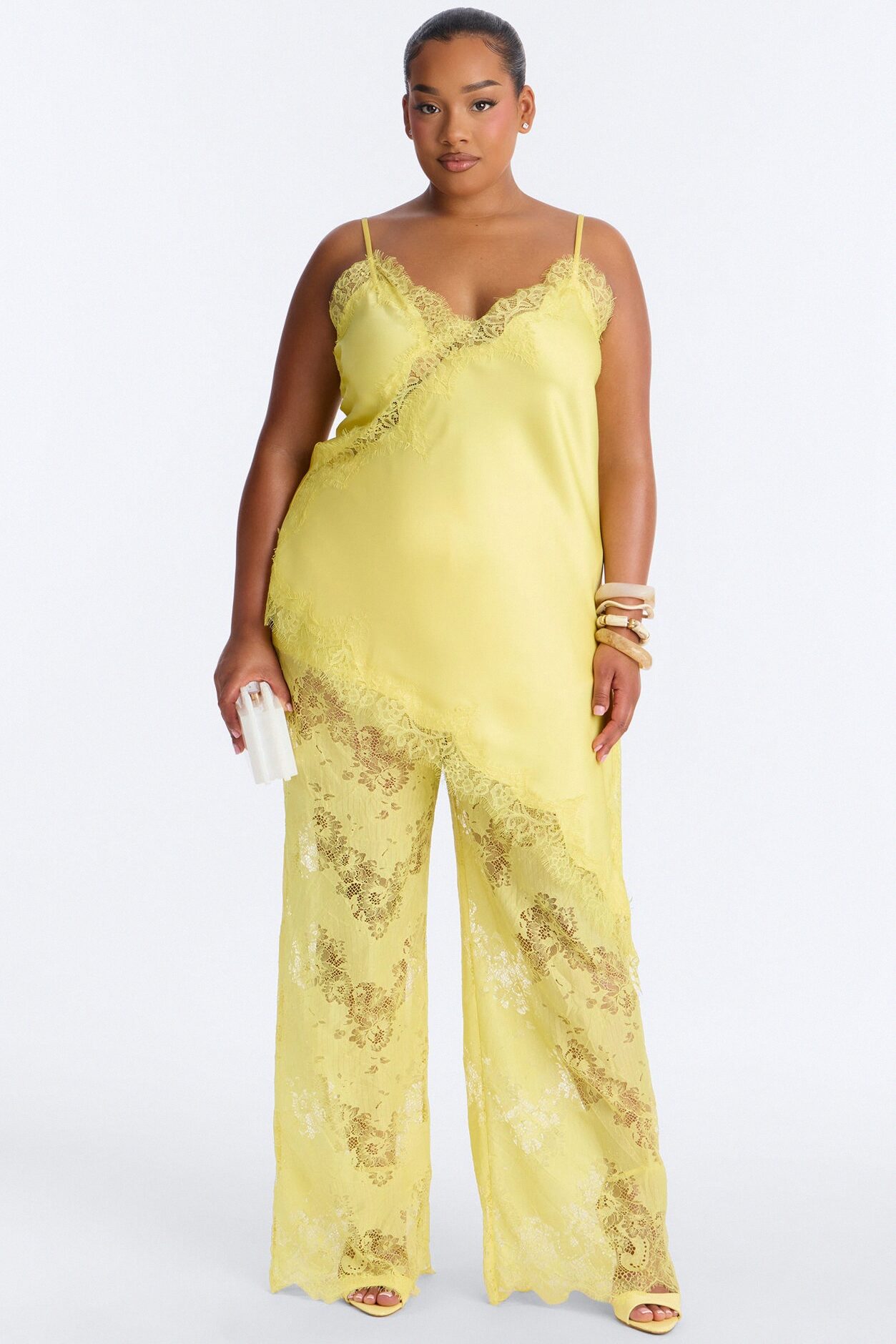 Yasmin Satin Lace Pant Set - Yellow