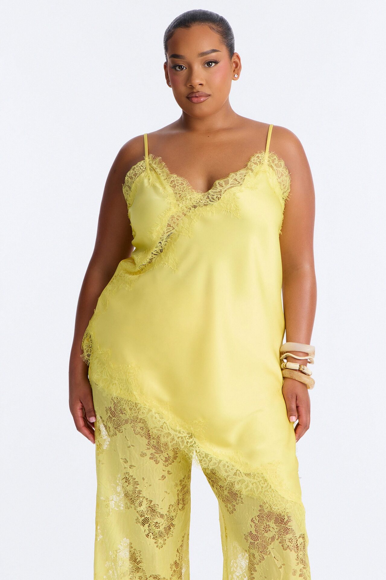 Yasmin Satin Lace Pant Set - Yellow