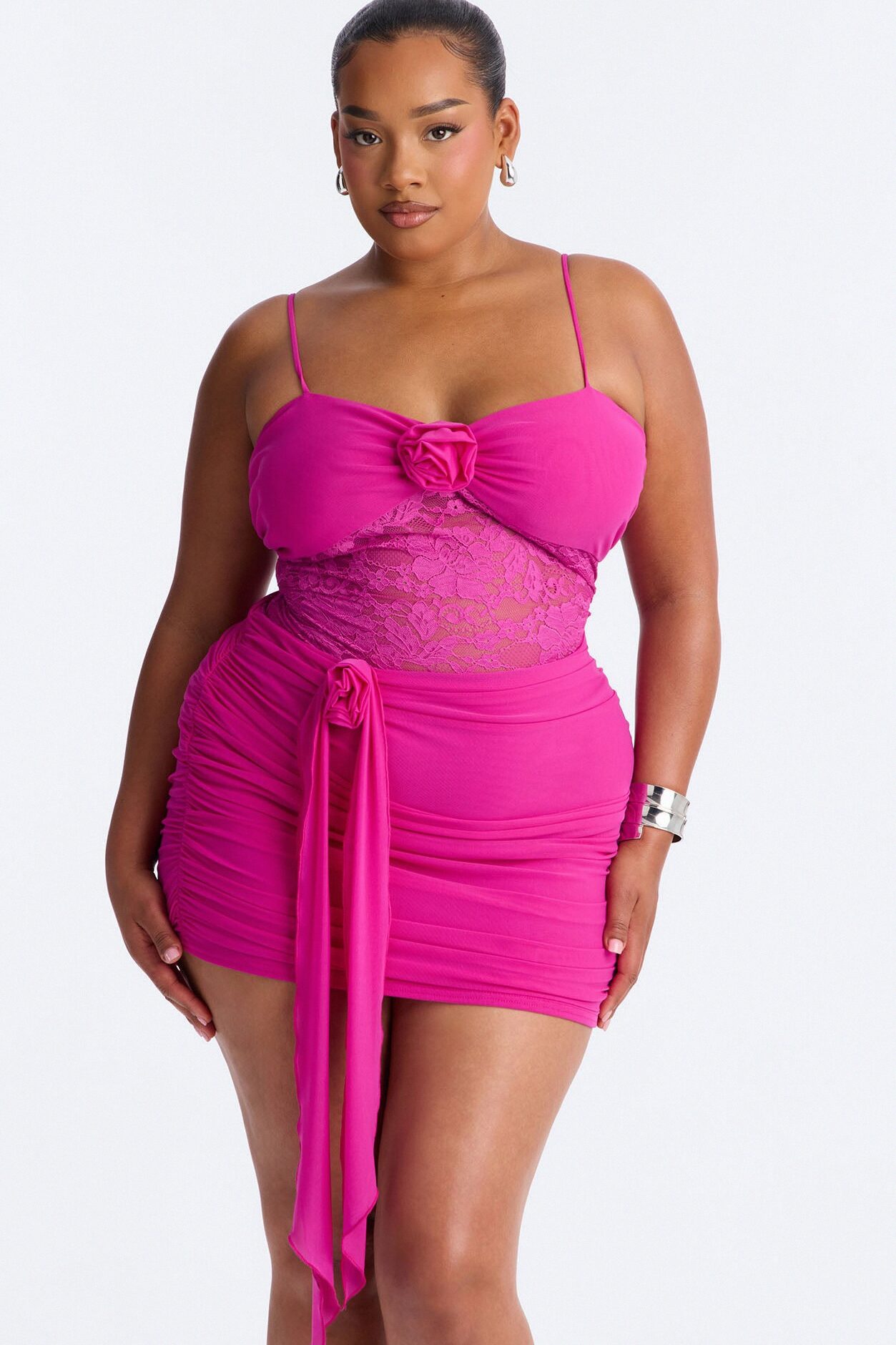 Madison Lace Cut Out Mesh Mini Dress - Fuchsia