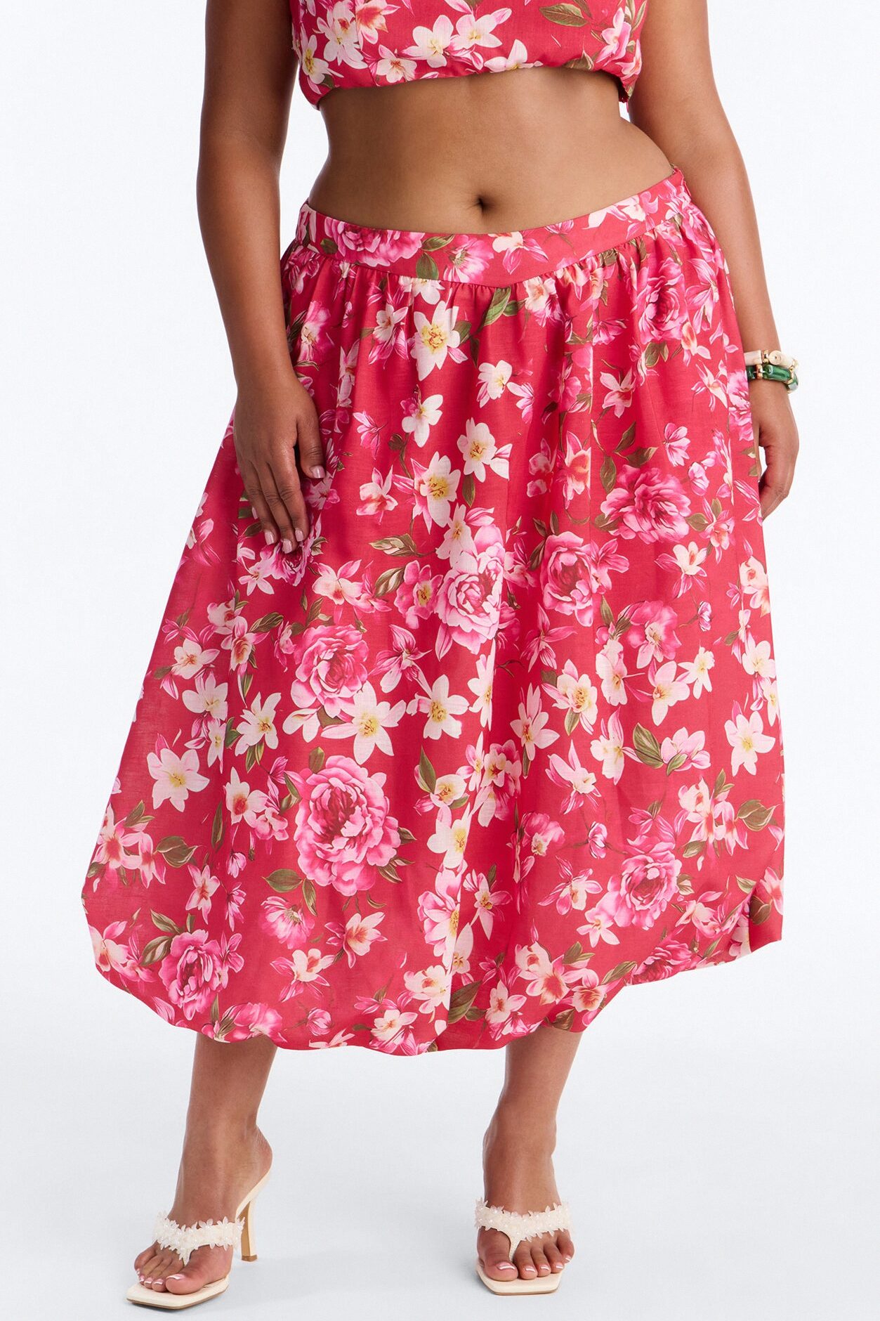 Yvete Floral Linen Bubble Hem Midi Skirt - Pink/combo