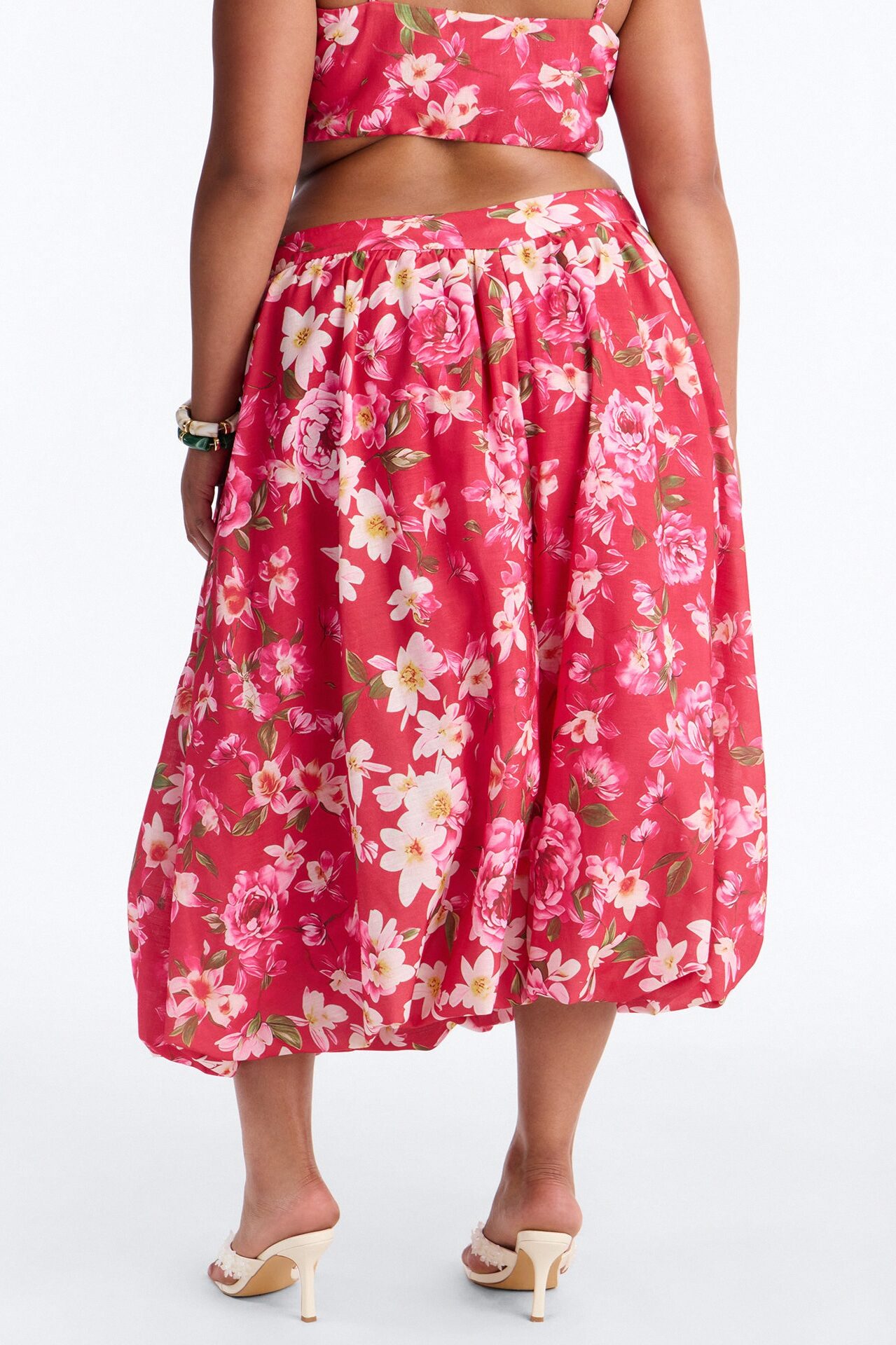 Yvete Floral Linen Bubble Hem Midi Skirt - Pink/combo