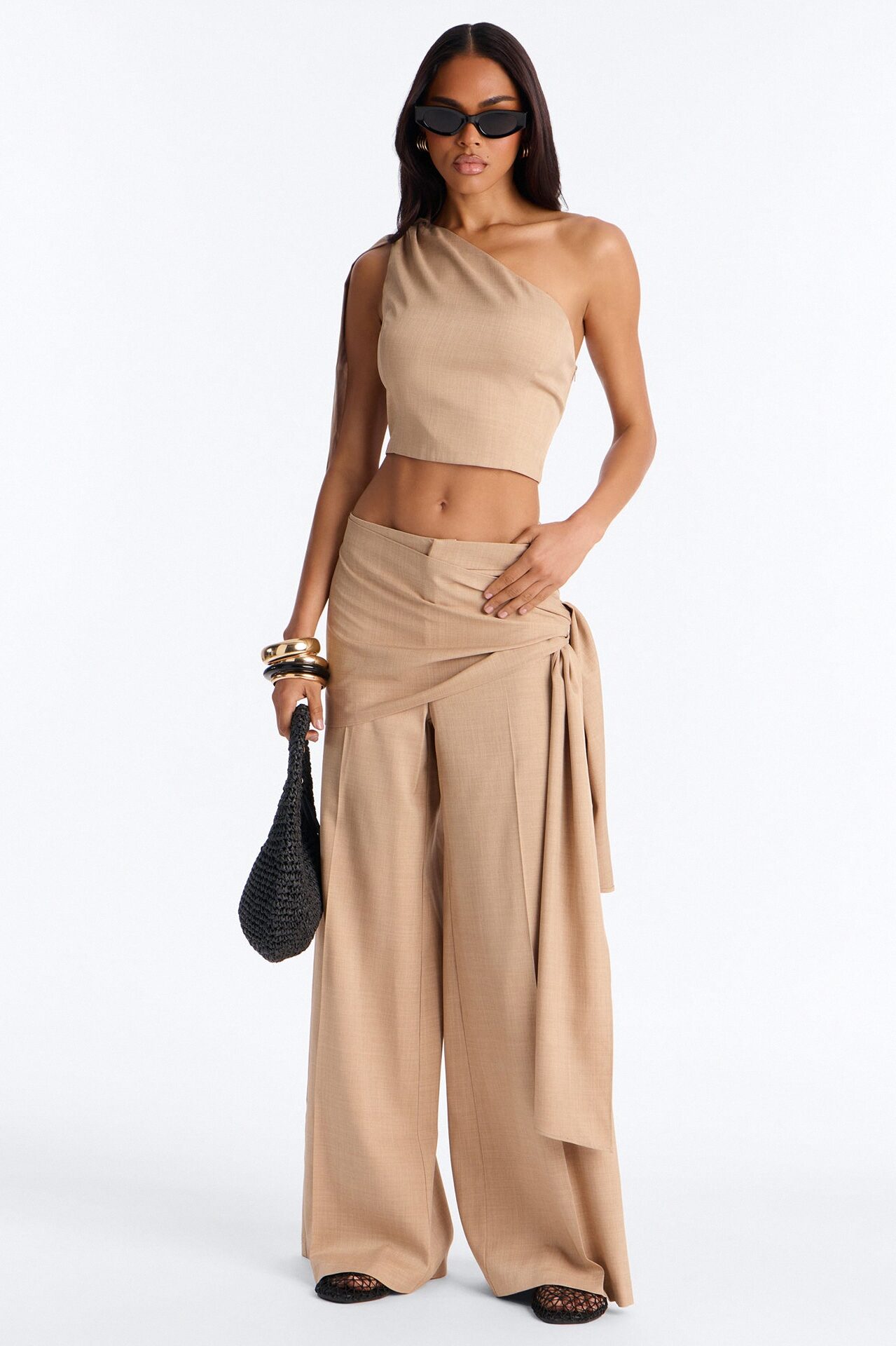 Lena Crepe One Shoulder Wrap Trouser Set - Taupe