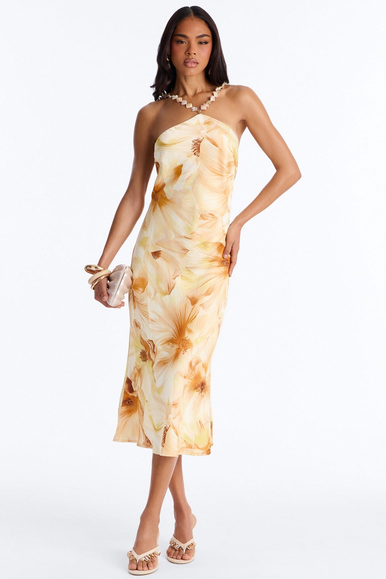 Chiara Floral Satin Midi Dress - Yellow