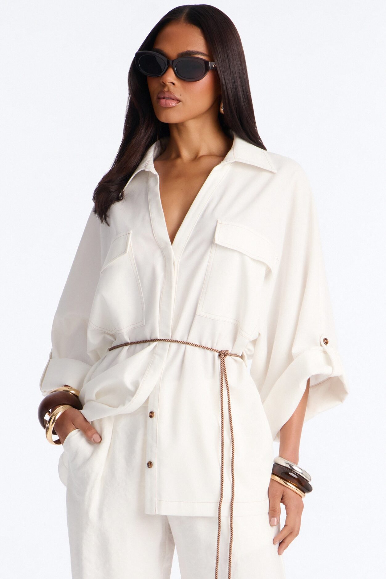 Casual Class Belted Linen Shirt - White