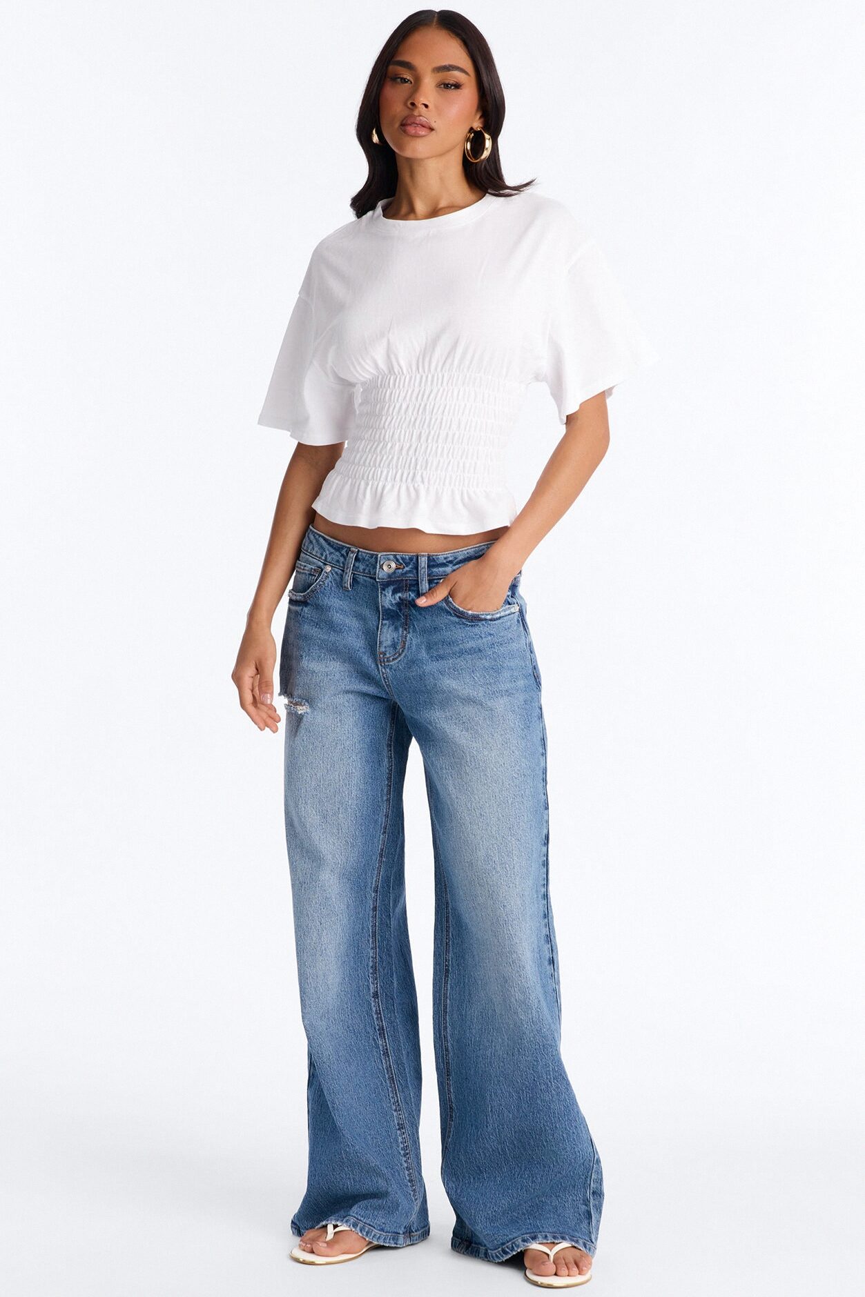 Delaney Smocked Short Sleeve Top - White