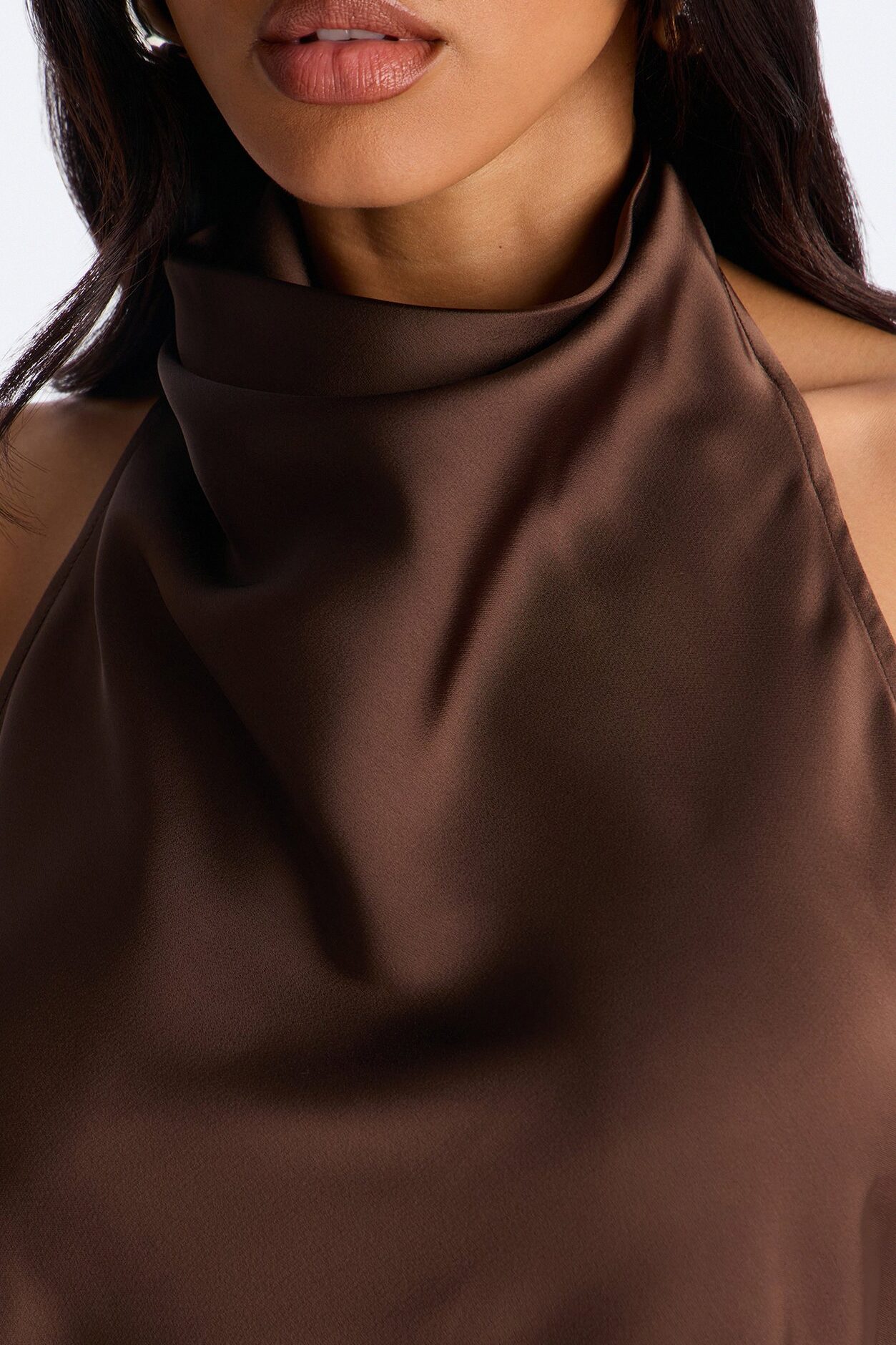 Teagan High Neck Satin Halter Top - Chocolate