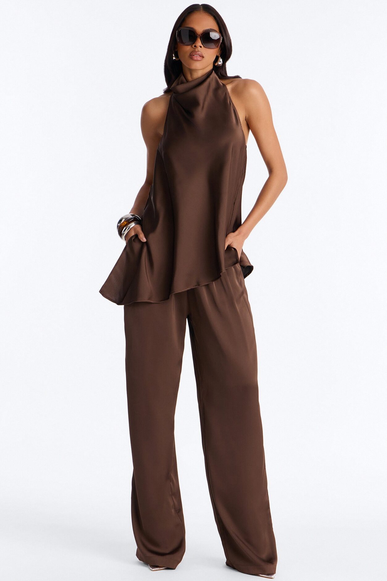 Teagan Low Rise Satin Wide Leg Pant 33″ - Chocolate