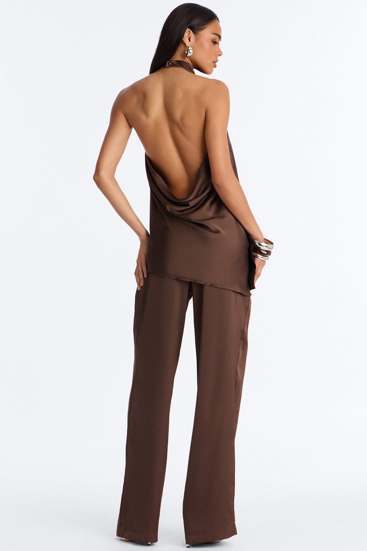Teagan Low Rise Satin Wide Leg Pant 33″ - Chocolate
