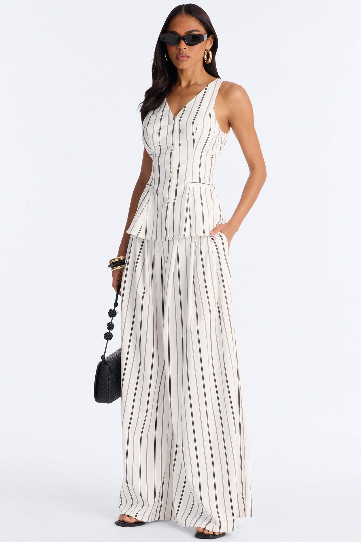 Aveena Pinstripe Vest Pant Set - White/Black