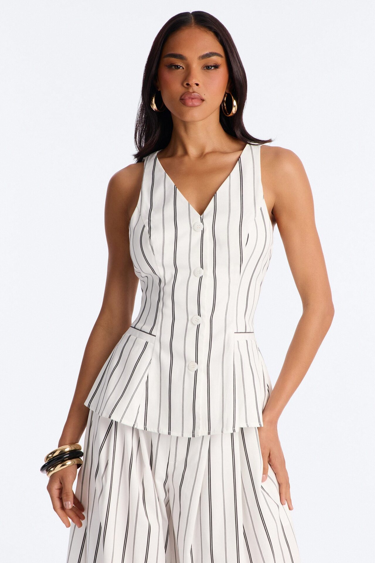 Aveena Pinstripe Vest Pant Set - White/Black