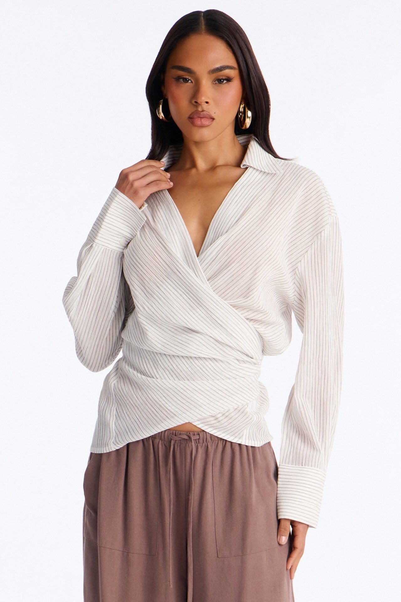 Everyday Mood Tie Waist Pinstripe Linen Blouse - Grey/combo