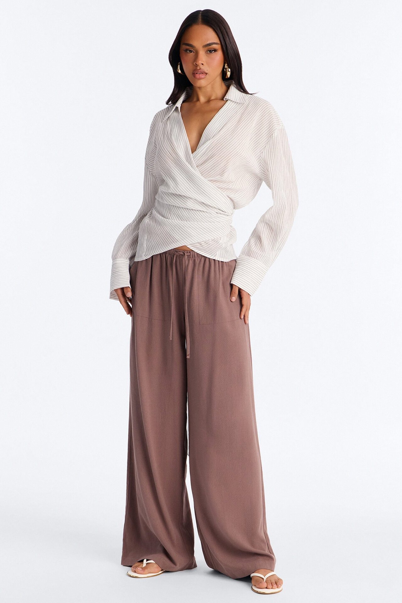 Everyday Mood Tie Waist Pinstripe Linen Blouse - Grey/combo