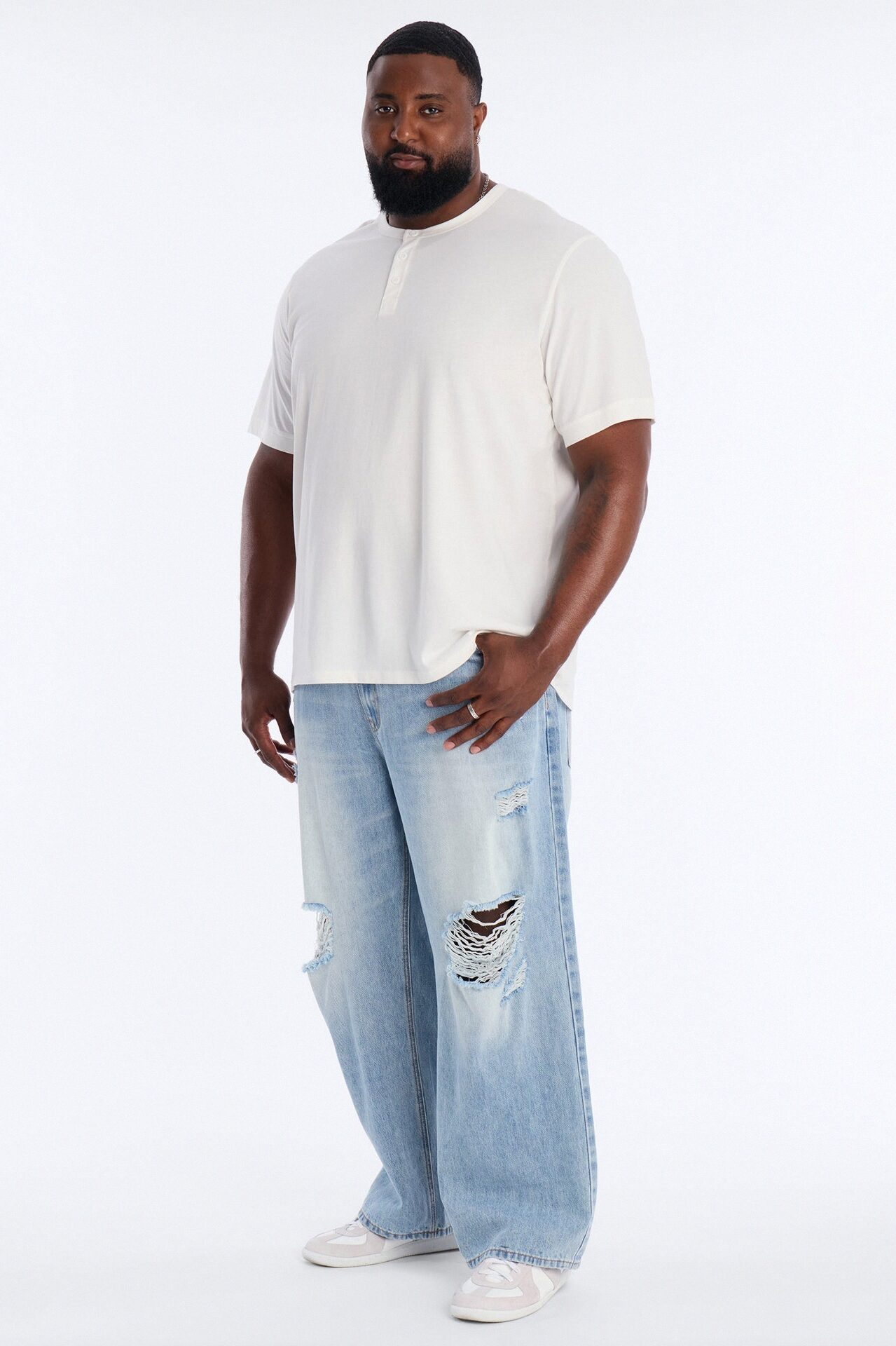 Essential Destroyed Baggy Rigid Jean - Light Blue Wash