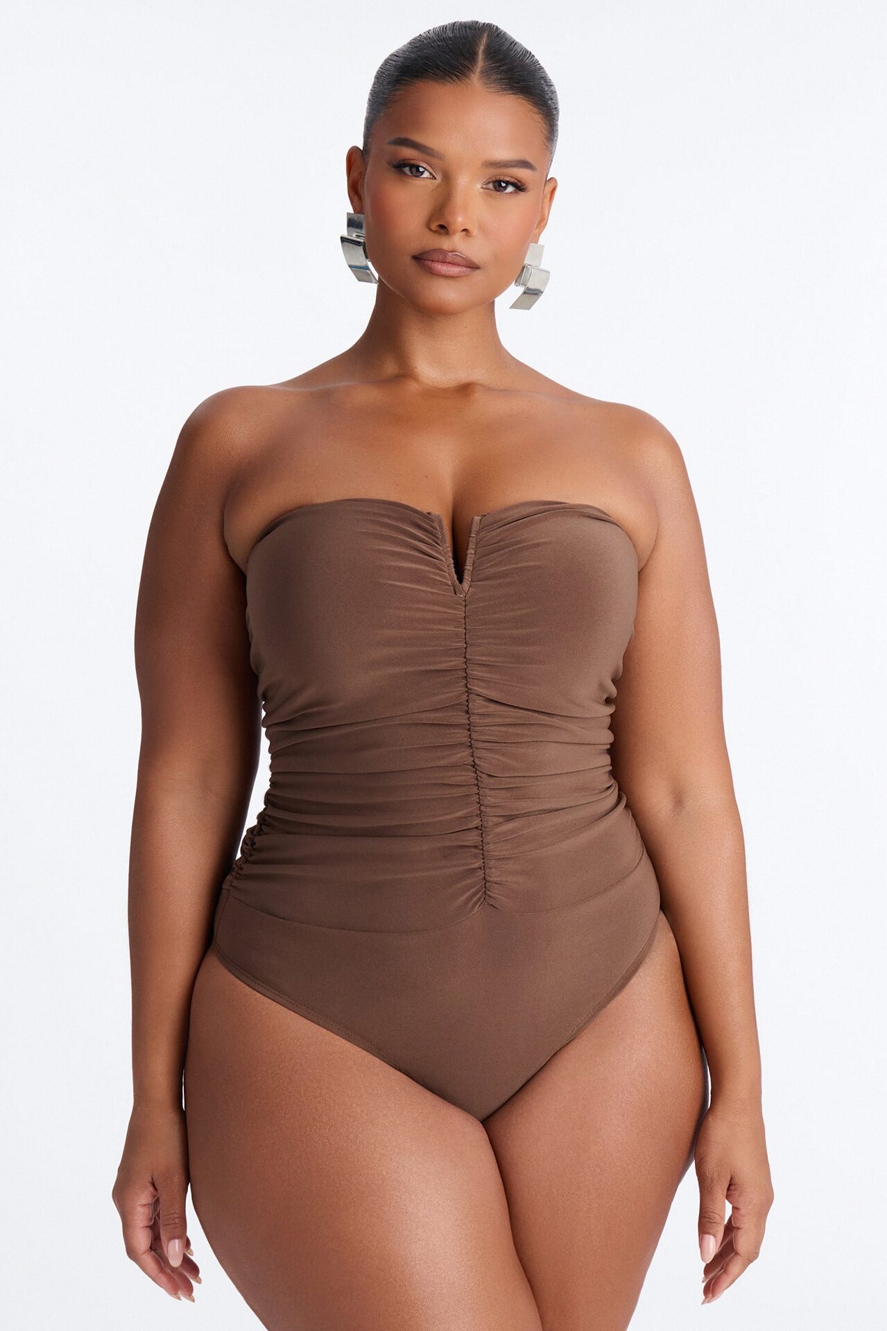 Gentle Blossom Ruched Notch Neck Strapless Bodysuit - Mocha