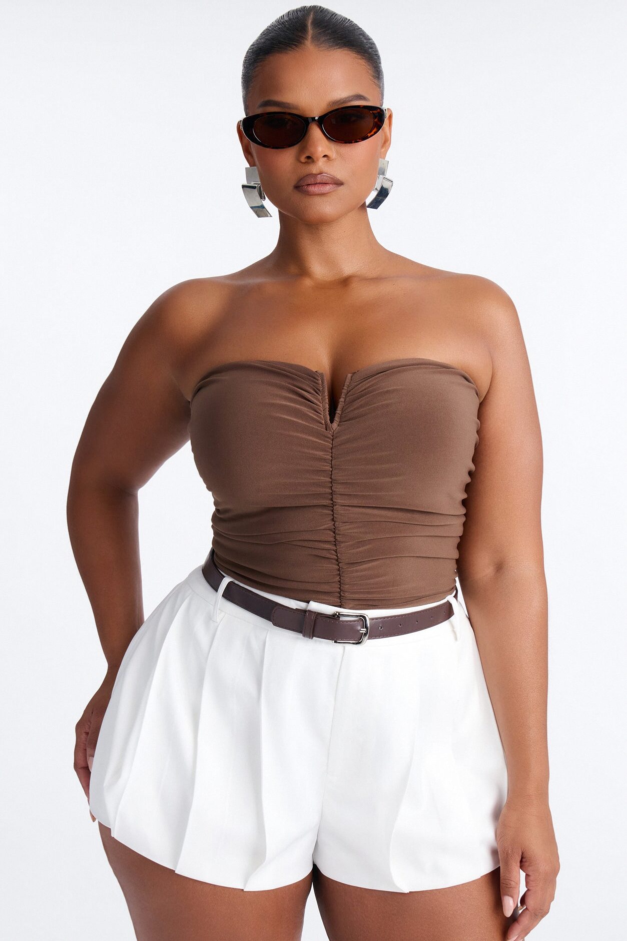 Gentle Blossom Ruched Notch Neck Strapless Bodysuit - Mocha