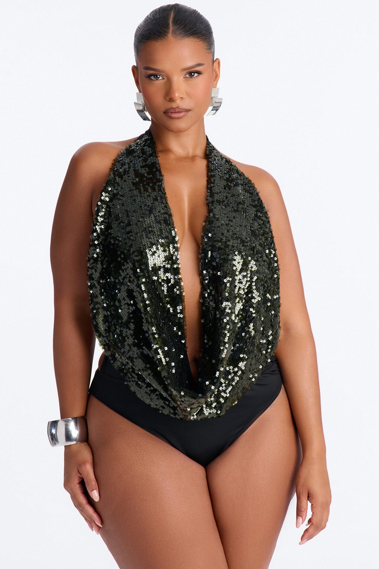 Sea Goddess Sequin Cowl Neck Halter Bodysuit - Hunter Green