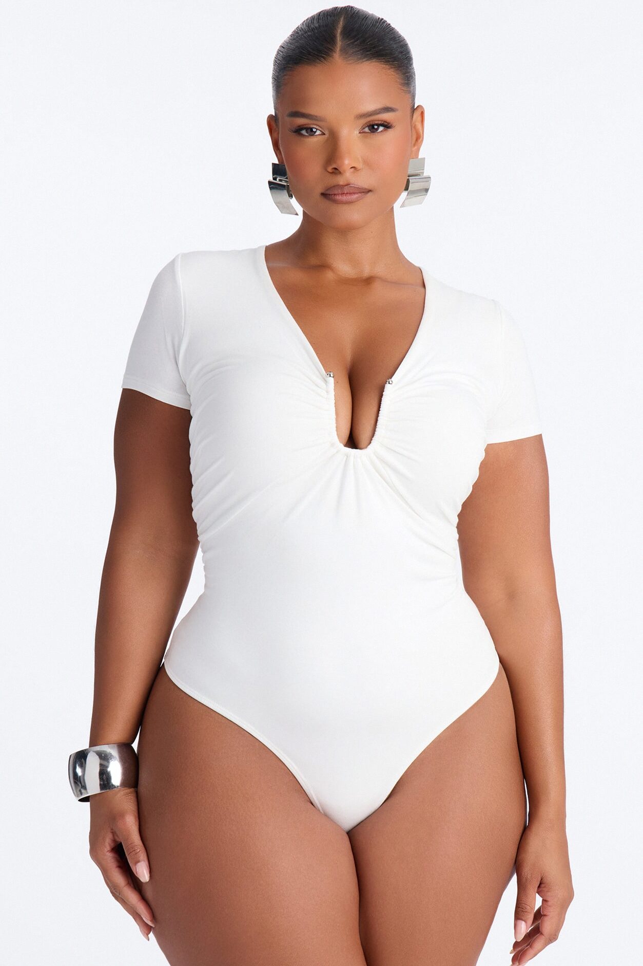 Danielle Deep V Neck Short Sleeve Bodysuit - White