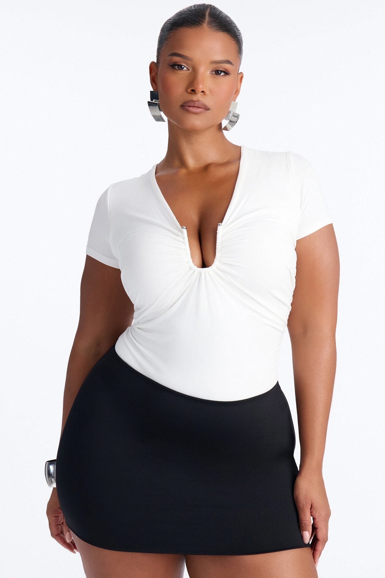 Danielle Deep V Neck Short Sleeve Bodysuit - White
