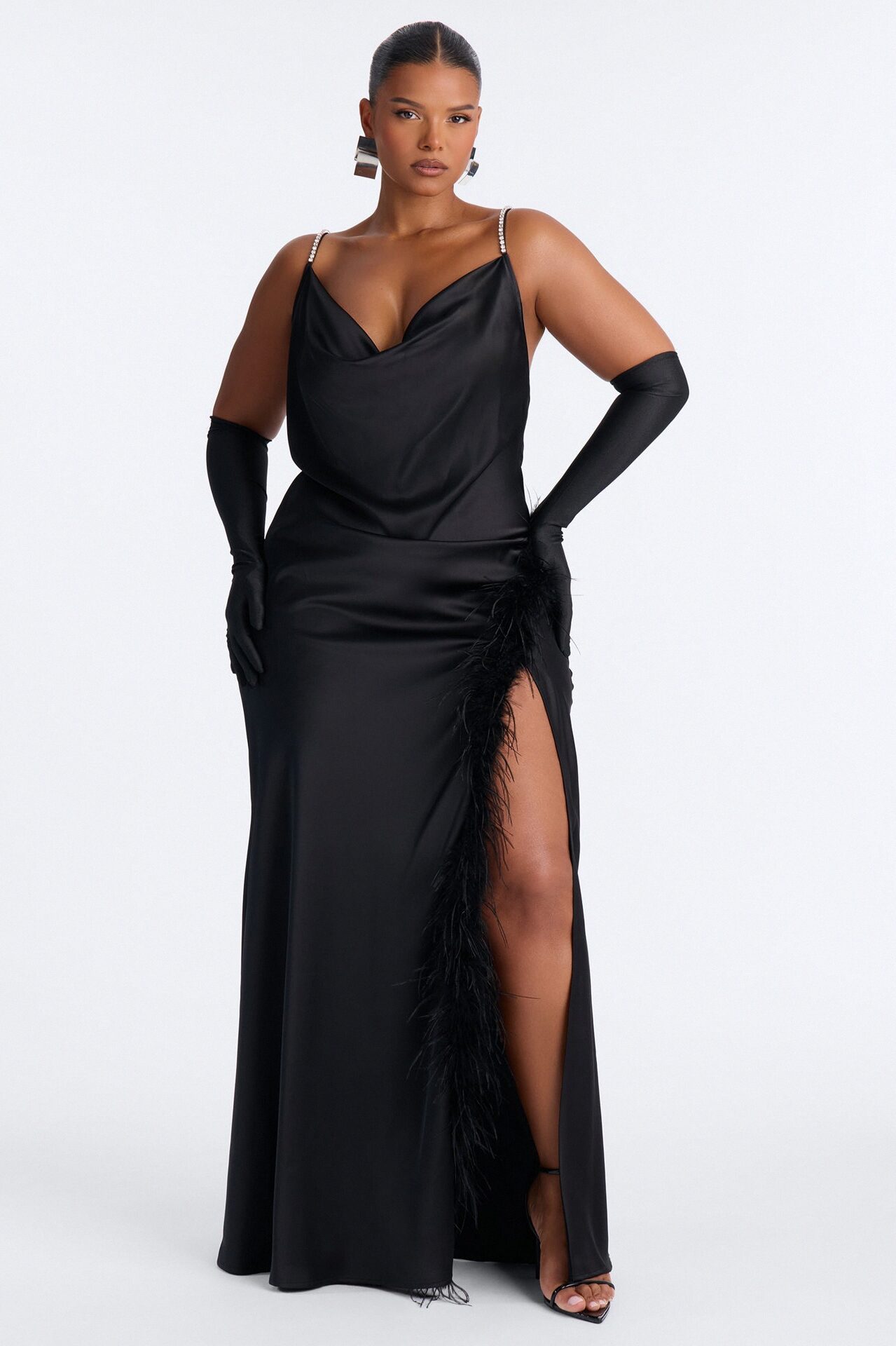 Isabella Feather Trim Satin Gown - Black