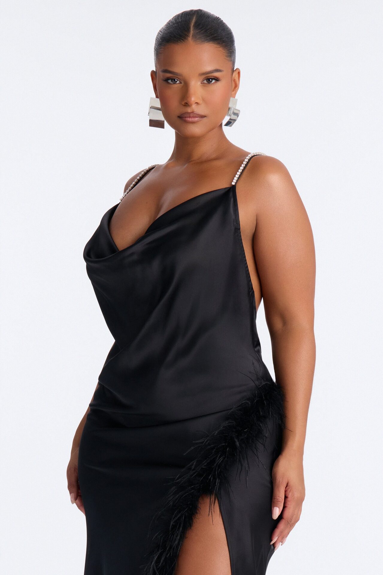 Isabella Feather Trim Satin Gown - Black