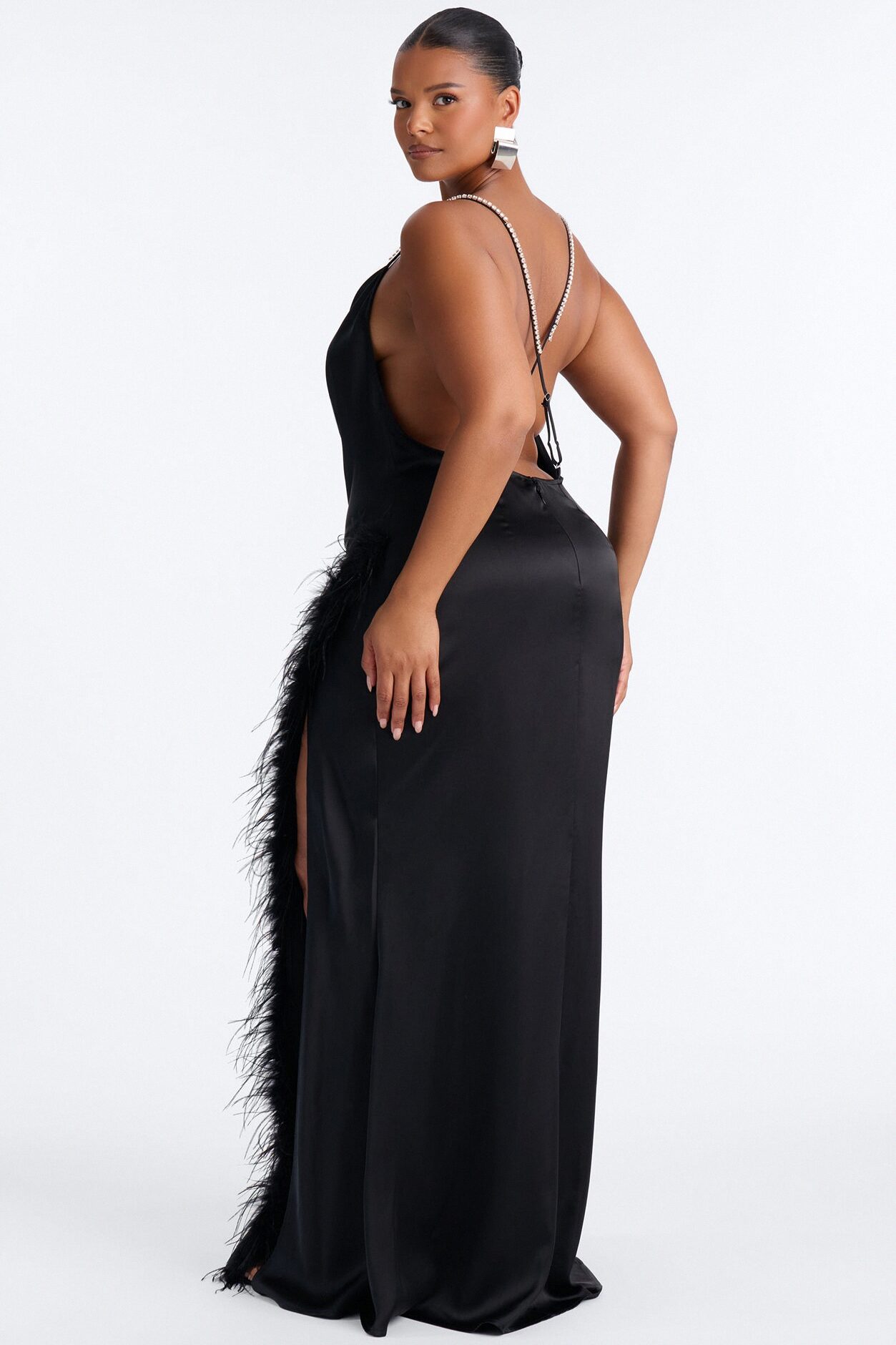 Isabella Feather Trim Satin Gown - Black