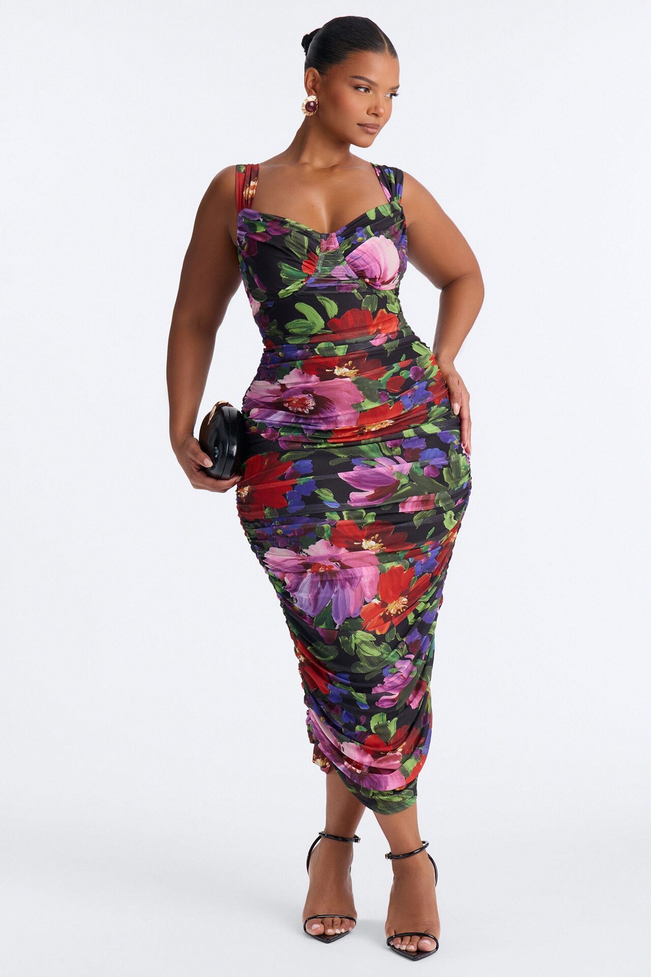 Natasha Floral Mesh Midi Dress - Black/combo