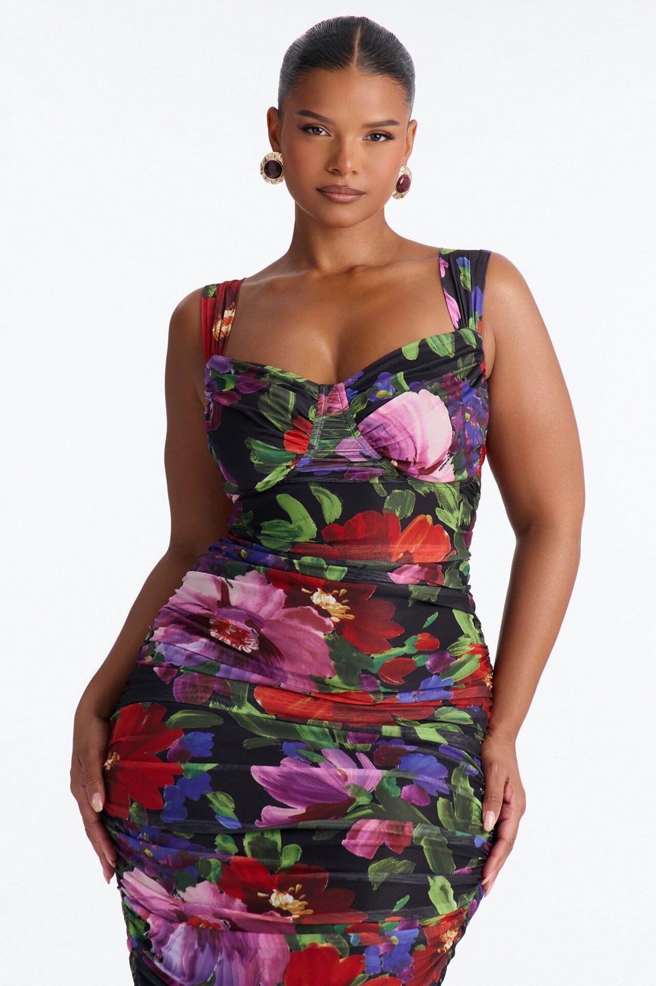 Natasha Floral Mesh Midi Dress - Black/combo