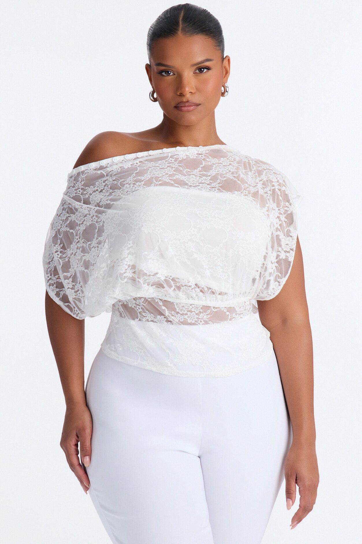Olivia Off Shoulder Sheer Lace Top - White