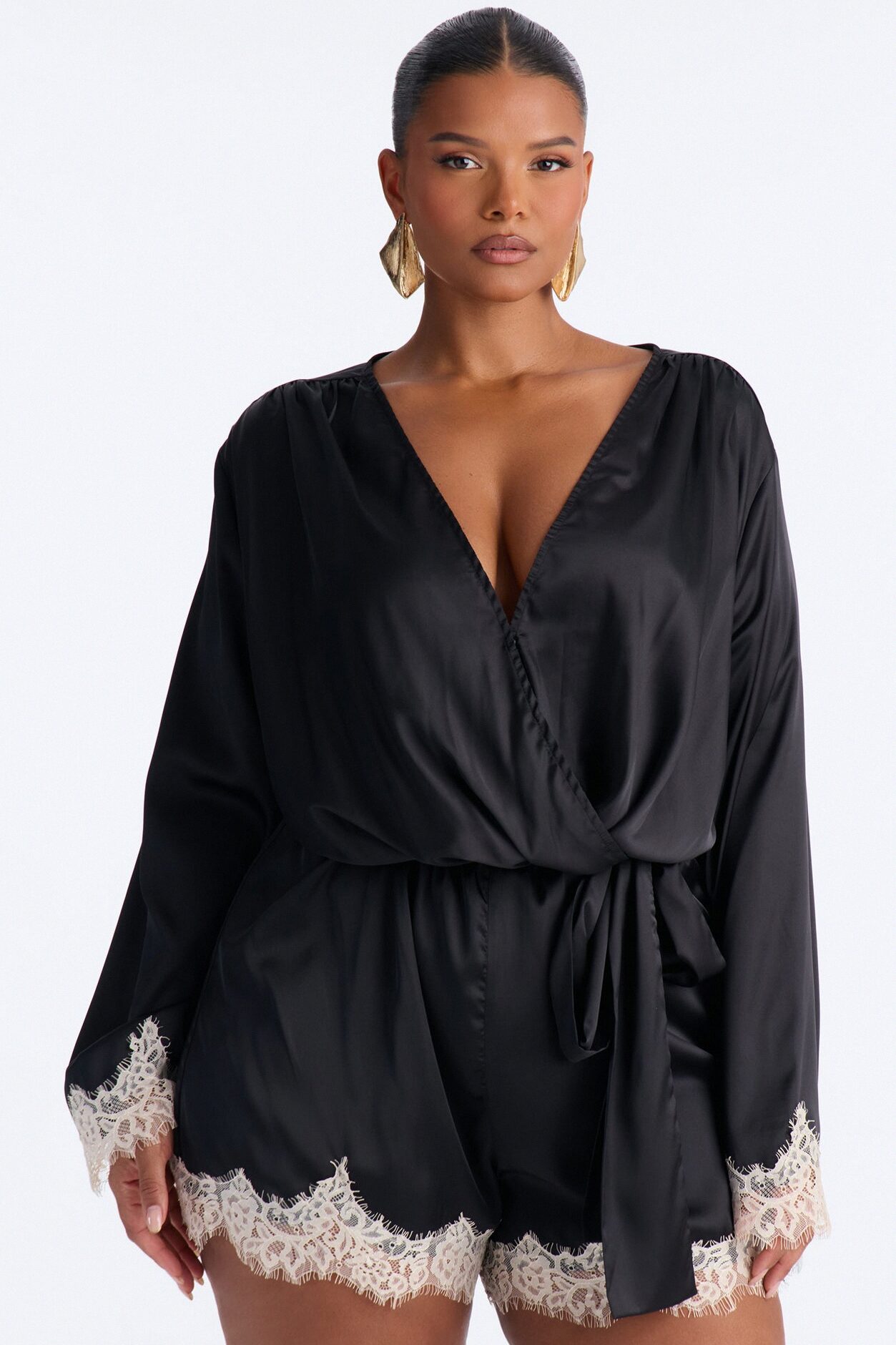 Cherie Satin Lace Trim Romper - Black