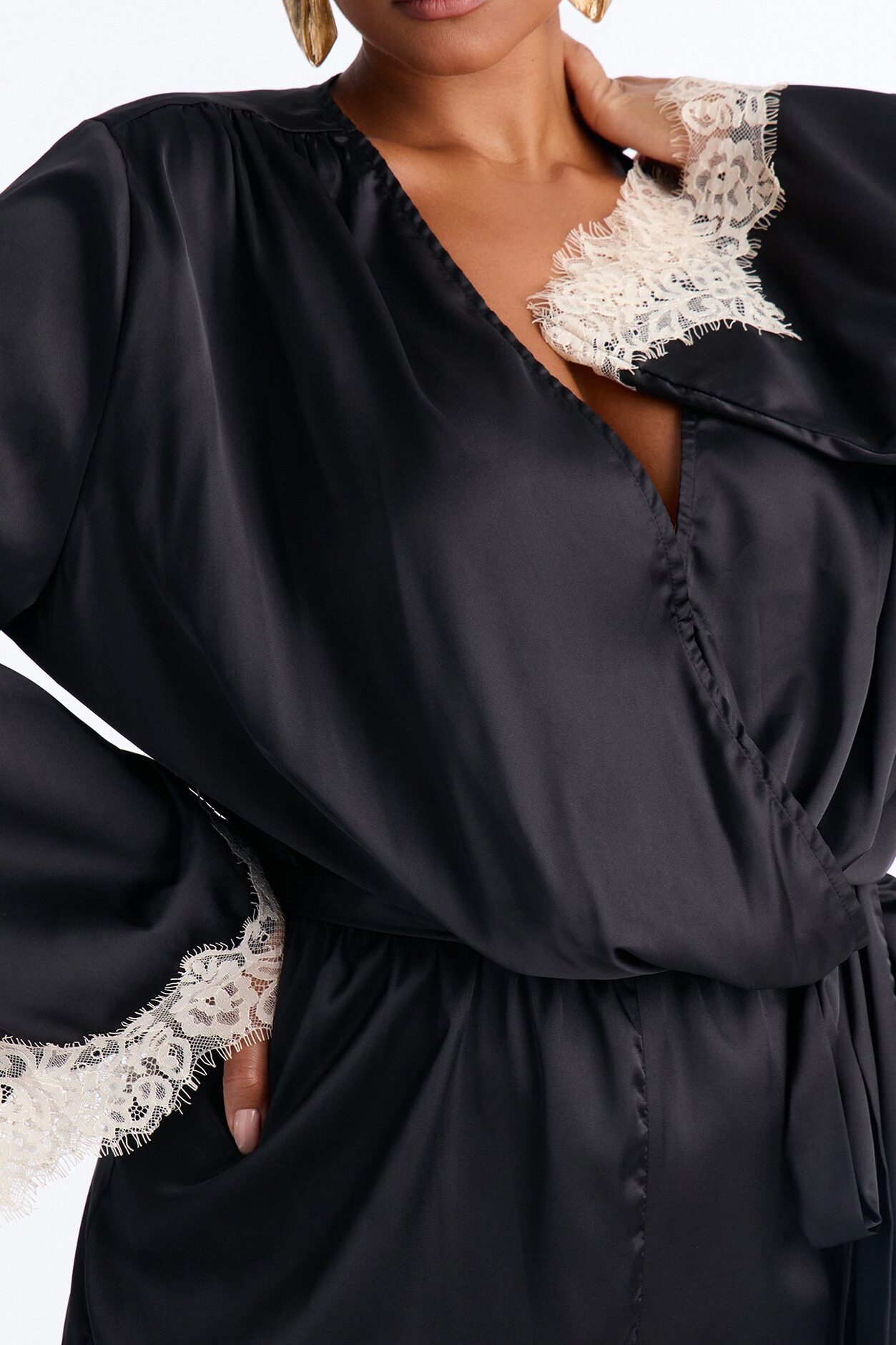 Cherie Satin Lace Trim Romper - Black