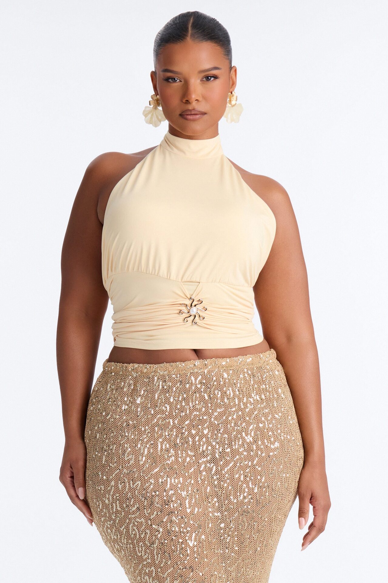 Sun Daydream Ruched High Neck Halter Top - Butter Yellow
