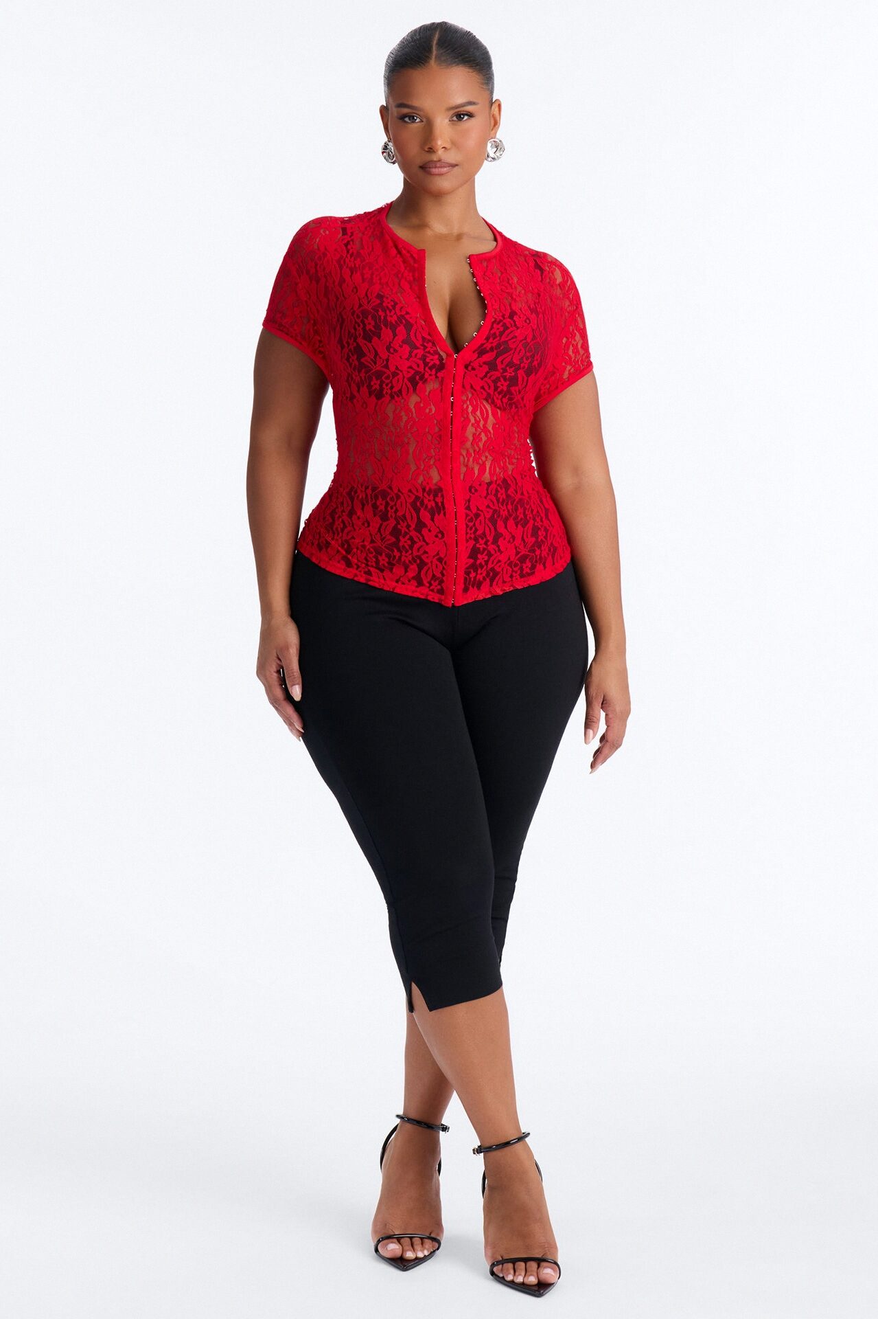 Lani Lace Mock Neck Cap Sleeve Top - Red
