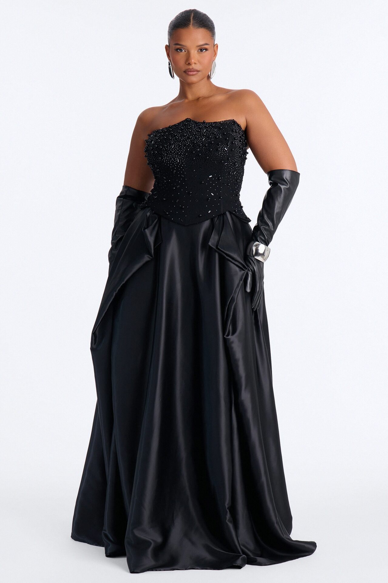 Shine Bright Embellished Satin Maxi Dress - Black