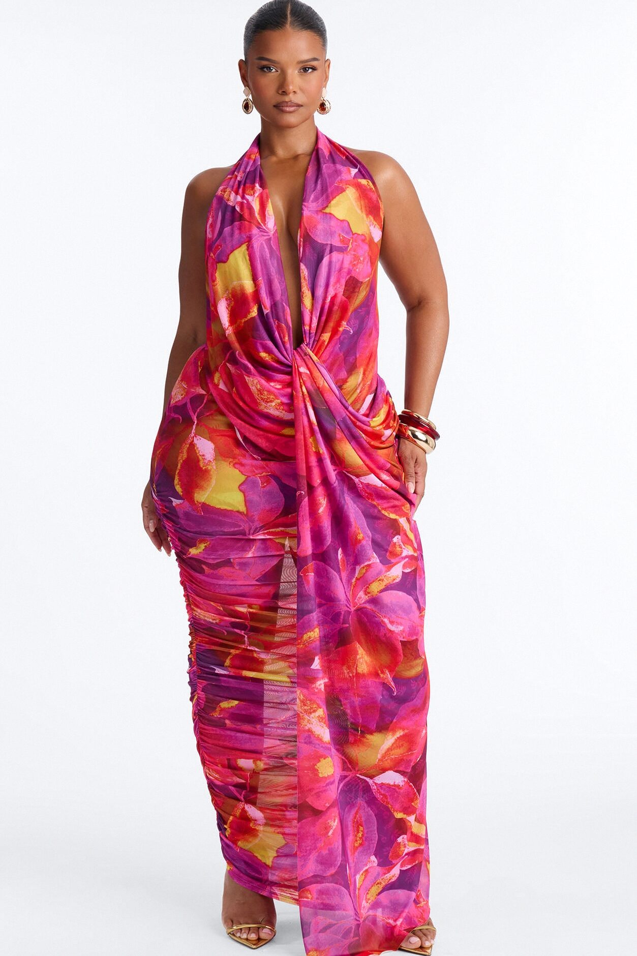 Kyla Halter Printed Mesh Maxi Dress - Magenta/combo