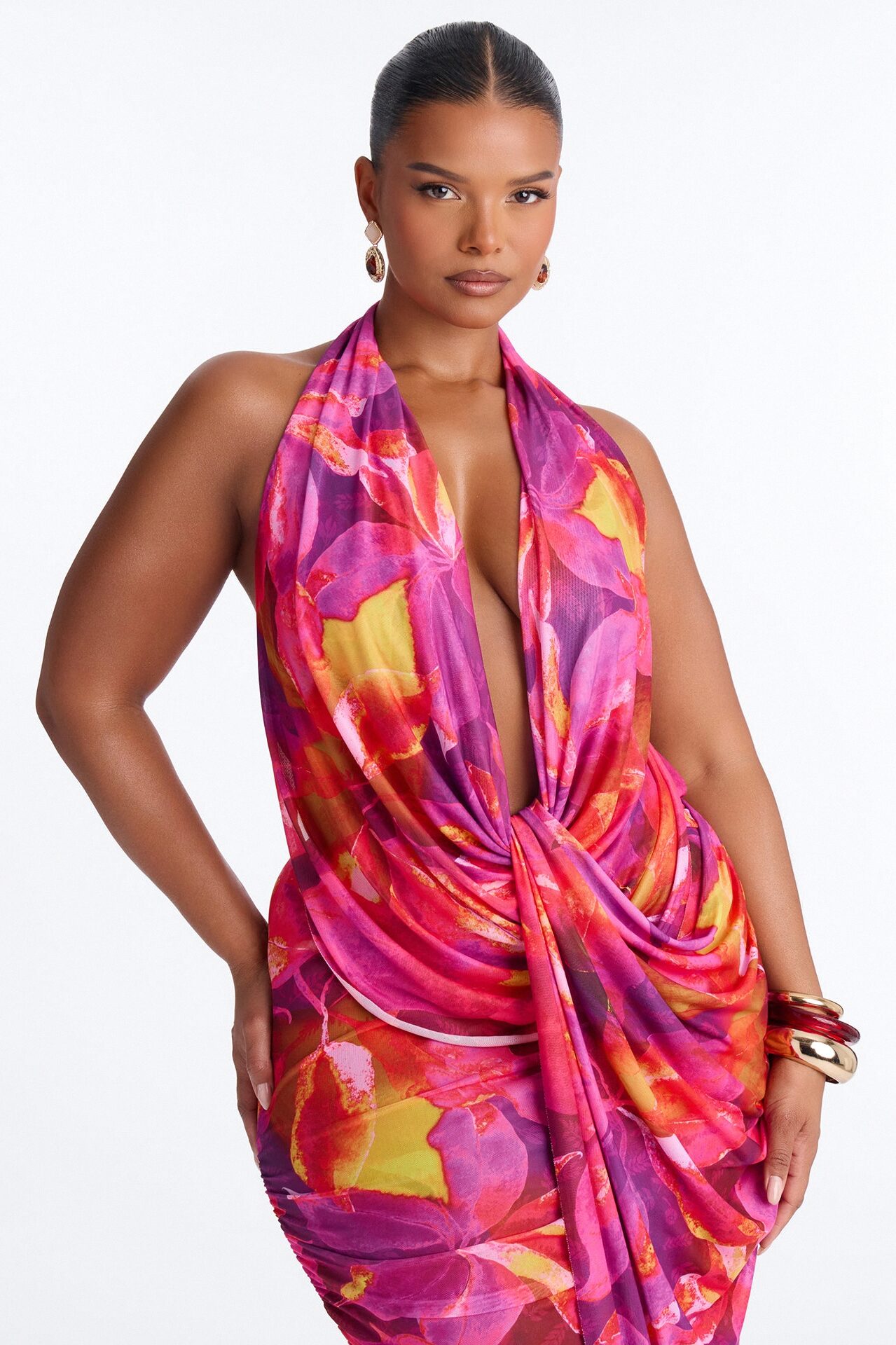 Kyla Halter Printed Mesh Maxi Dress - Magenta/combo