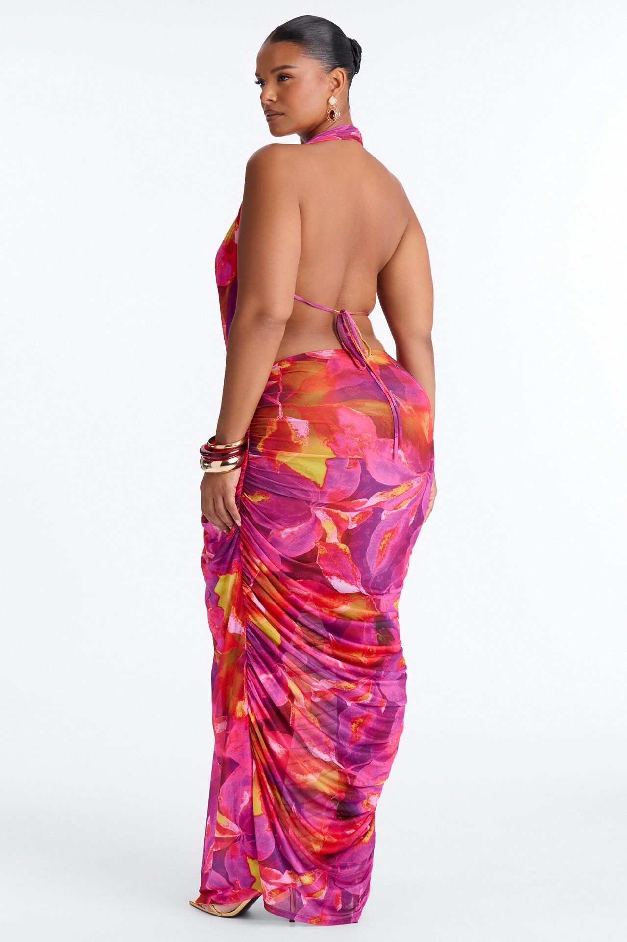 Kyla Halter Printed Mesh Maxi Dress - Magenta/combo