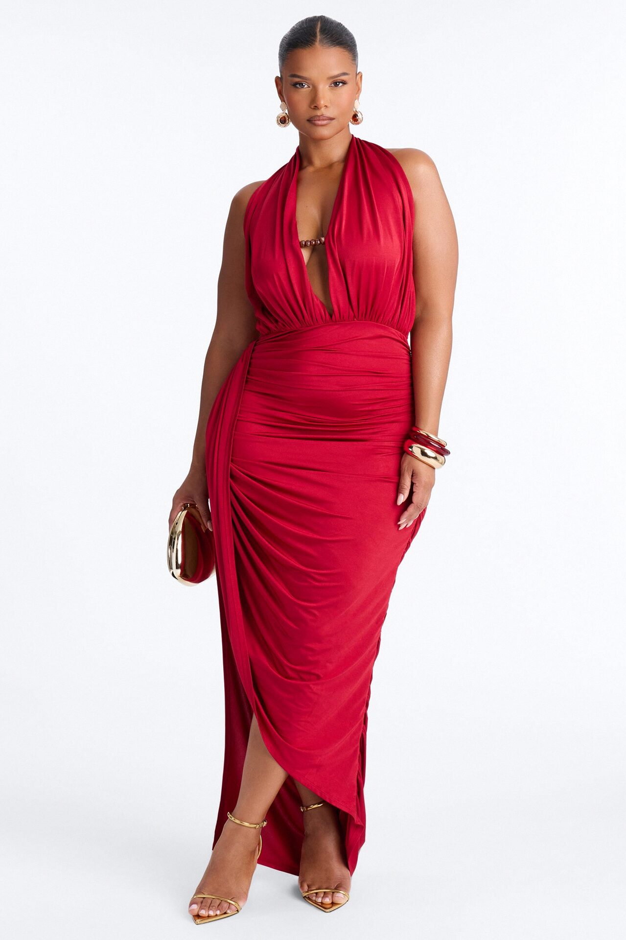 Palm Tree Paradise Ruched Maxi Dress - Red