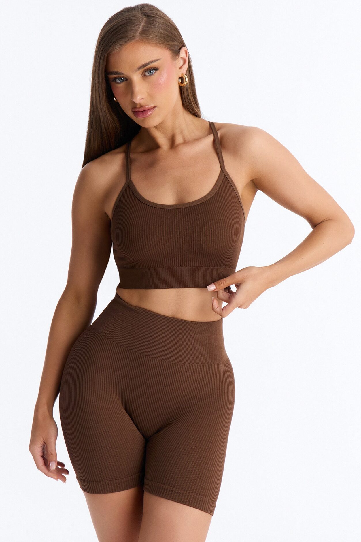 Never Settle Seamless Sports Bra Biker Short Set - Brown